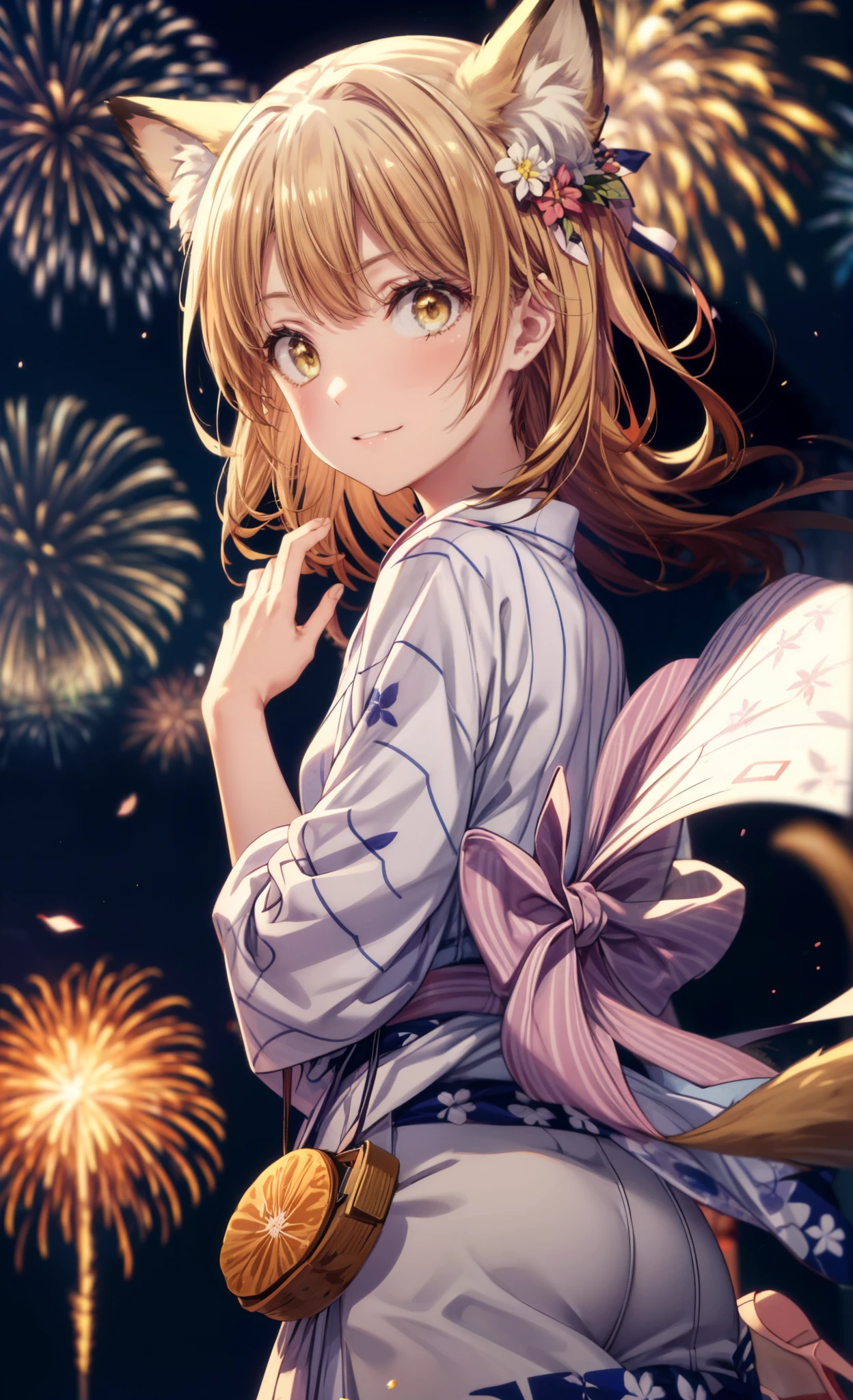 irohaisshiki, Isshiki Iroha, long hair, brown hair, (brown eyes:1.5), smile,animal ears　fox ears from the top of the head,animal tail　Fox tail from the ass,flower hair ornament,Yukata with yellow floral pattern,long skirt,Zori sandals,firework in the night sky,firework,The place is a firework display,Time is night,sunny day,Make sure the whole body is included in the illustration,
break outdoors, destroy the shrine (masterpiece:1.2), highest quality, High resolution, unity 8k wallpaper, (shape:0.8), (beautiful and detailed eyes:1.6), highly detailed face, perfect lighting, Very detailed CG, (perfect hands, perfect anatomy),