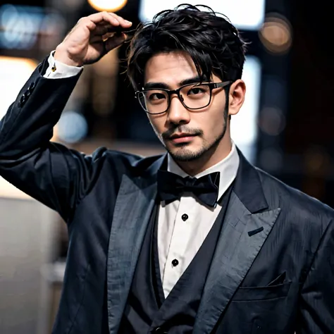 a handsome, attractive man, with double bangs, glasses, casual wear, masculine, beardless, asian