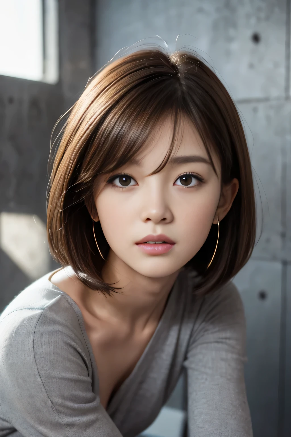 A woman with a short brown hair and a gray shirt - SeaArt AI