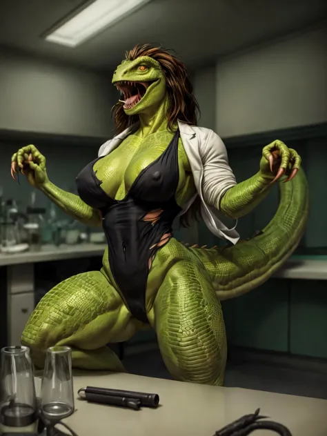(full body image), detailed laboratory interior setting, cool lighting, (solo:1.3)
BREAK, 40 years old, anthro lizard female with (green scales), muscular, lean build, bright yellow eyes, (large lizard tail), dark green breasts, no eyebrows, (long brown ha...