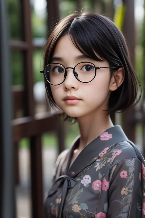 Best Quality, Focus, Soft Light, Black Hair, Black Eyes, 15 Years Old, (((Round Glasses))), (Japanese)), (Blouse), (((Front, Fac...