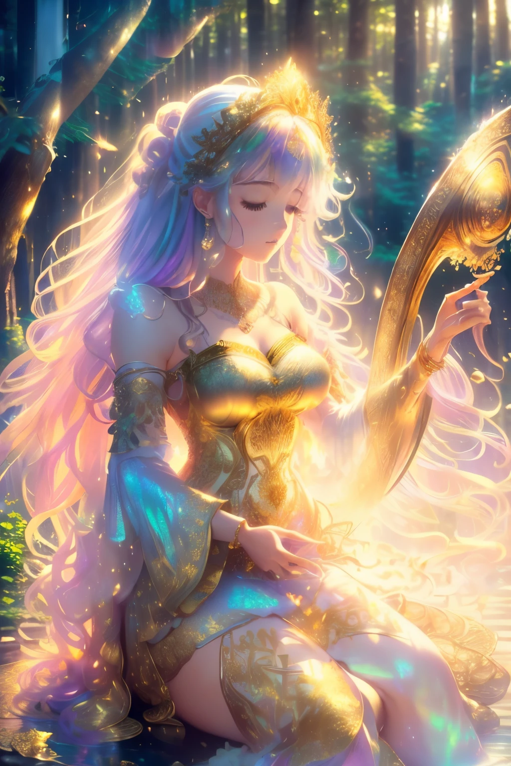 best quality, 32k, RAW photo, incredibly absurdres, extremely detailed, delicate texture, beautiful goddess playing a large shining gold plated harp, wearing white lace translucent hagoromo, background (fantastic haze, scattered gold powder, forest fountain, iridescent pastel colors, wind-effect, light-effect, professional lighting:1.4)