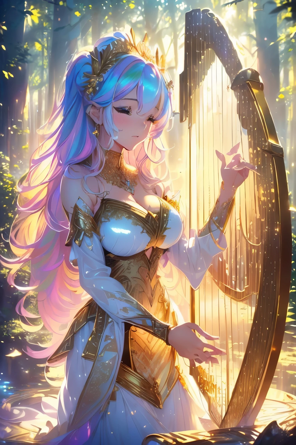 best quality, 32k, RAW photo, incredibly absurdres, extremely detailed, delicate texture, beautiful goddess playing (a large shining gold plated harp:1.4), wearing white lace translucent hagoromo, background (fantastic haze, scattered gold powder, forest fountain, iridescent pastel colors, wind-effect, light-effect, professional lighting:1.4)