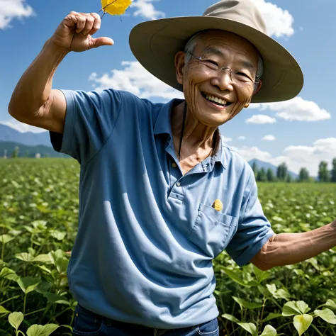 engineer　scattering seeds towards the sky　a big smile　overreaction　elder　asian