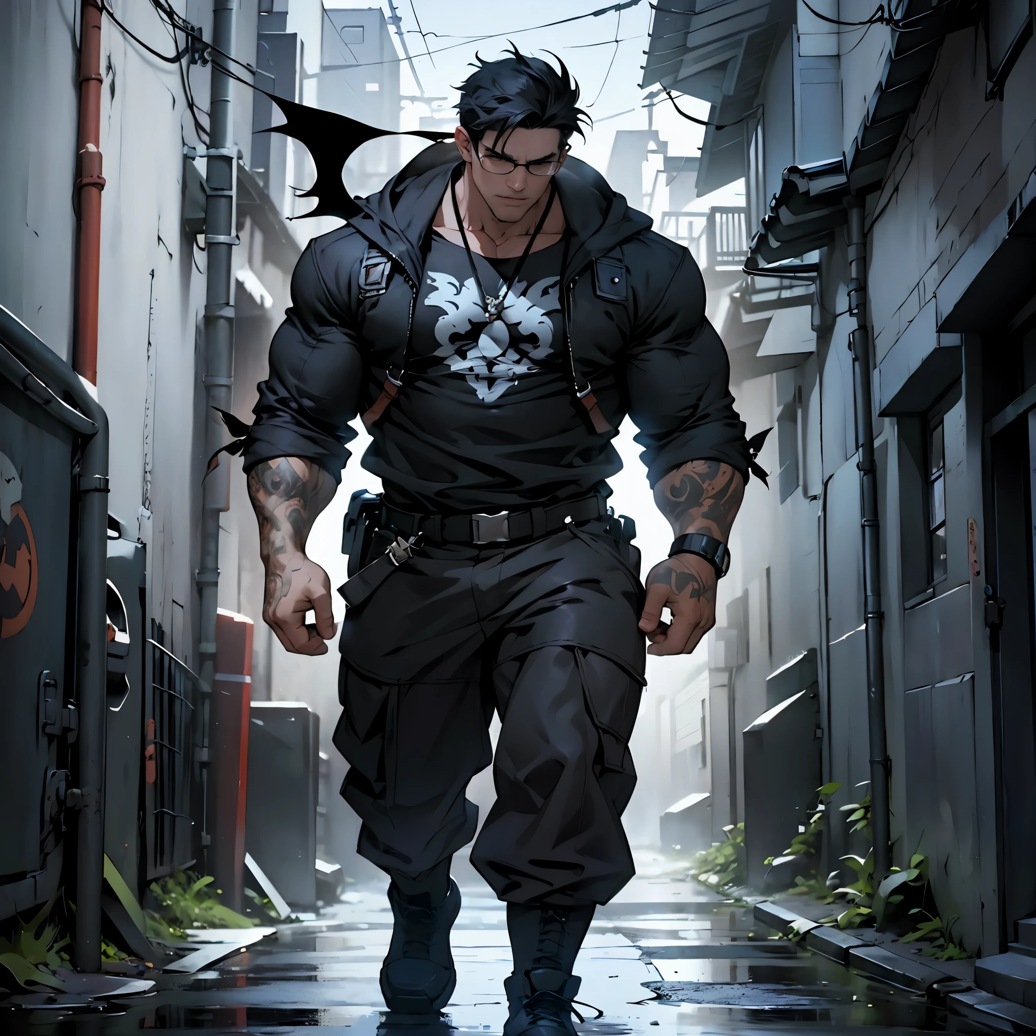 ((anime style art)),solo images、、 full body image, up and down angle, very muscular fat、thick lips、Round black-rimmed glasses、black hair、black choker around neck、full arm tattoo、Dangerous aura、big body、deepred&black Rage Unleashed.strong looking body、Super strong.7dragons Men's hairstyles、back alley background