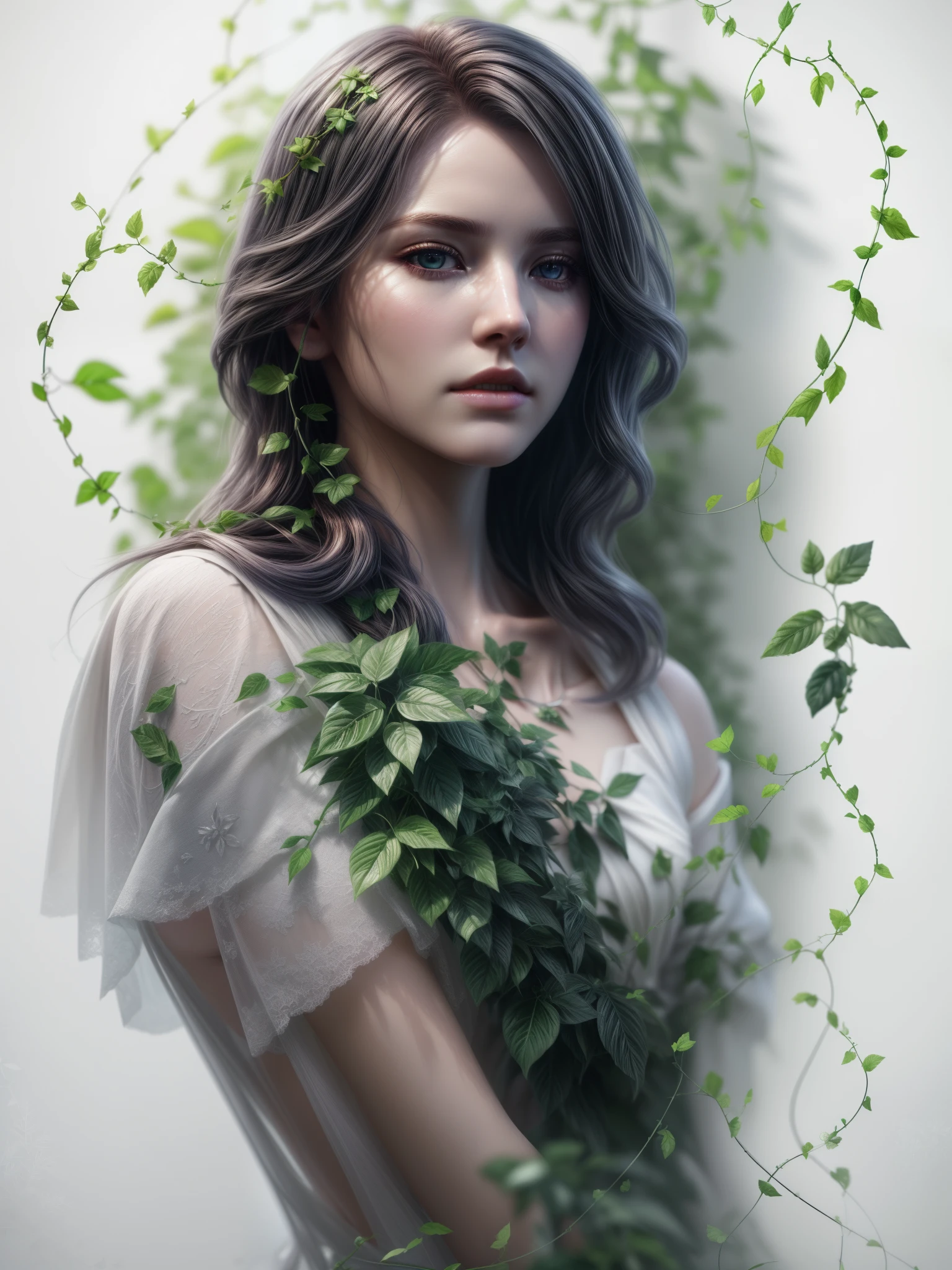 ((white 1.4)), florest, ((vines and leaves)), porcelain skin, (extremely detailed CG unity 8k wallpaper), dramatic, photorealistic painting art by midjourney and greg rutkowski, NVIDIA RTX Ray Tracing
