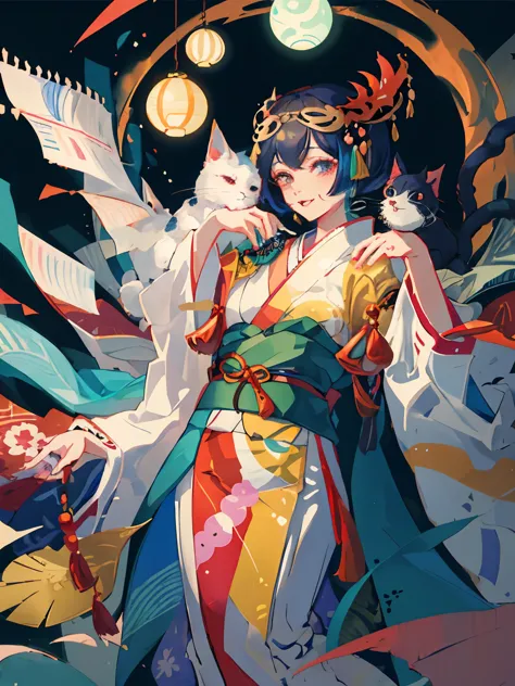 anime style image：a woman wearing a kimono，surrounded by spells，there is a cat on the head, onmyoji detailed art, onmyoji, onmyo...