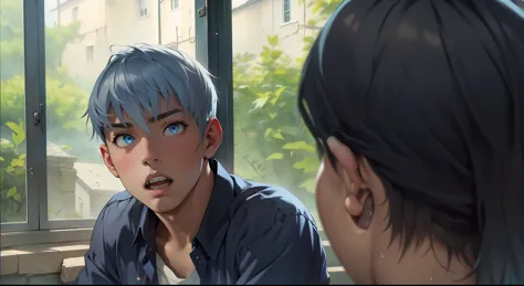 16 year old boy with silver hair blue eyes is amazed asking something 
