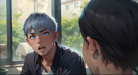 16 year old boy with silver hair blue eyes is amazed asking something