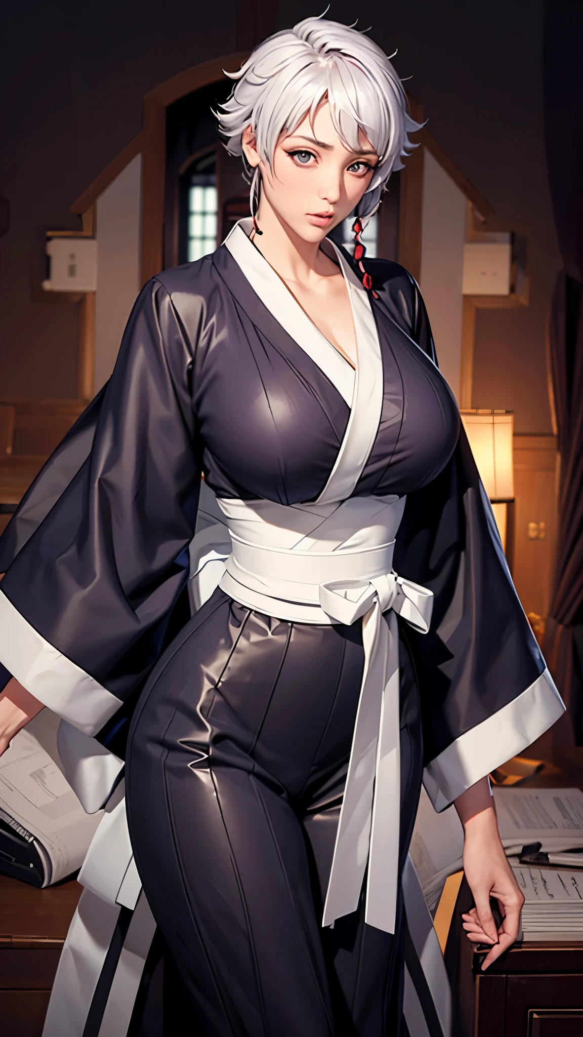 （（（Perfect figure，figure，long sleeves, japanese clothes, kimono, haori, black kimono, hakama, black hakama,（（（isane kotetsu, short hair, braid, white hair, (purple eyes:1.1), hair braid, ））），（（（wide hips））），S-shaped figure:1.7））），((masterpiece)),high resolution, ((Best quality at best))，masterpiece，quality，Best quality，（（（ Exquisite facial features，looking at the audience,There is light in the eyes，blush，Happy））），（（（Interlacing of light and shadow，huge ））），（（（looking into camera，fighting stance，holding knife in hand）））