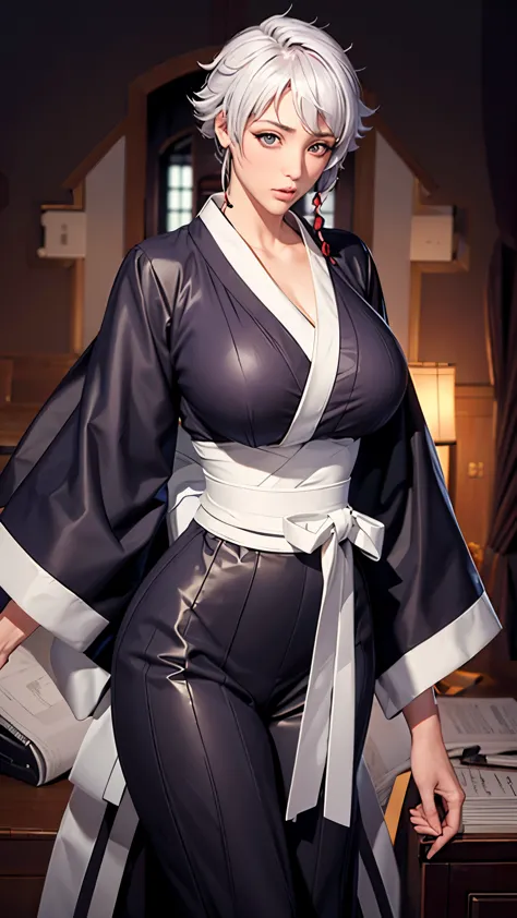 （（（完美figure，figure，long sleeves, japanese clothes, kimono, haori, black kimono, hakama, black hakama,（（（isane kotetsu, short hai...