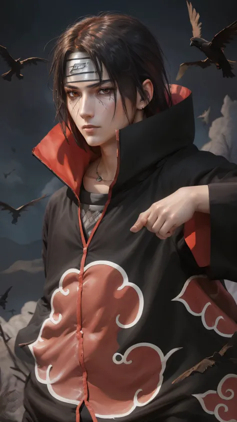 generate a masterpiece feature a solo anime character Itachi Uchiha From Naruto Shippuden series, Prefect face, astanding pose, ...