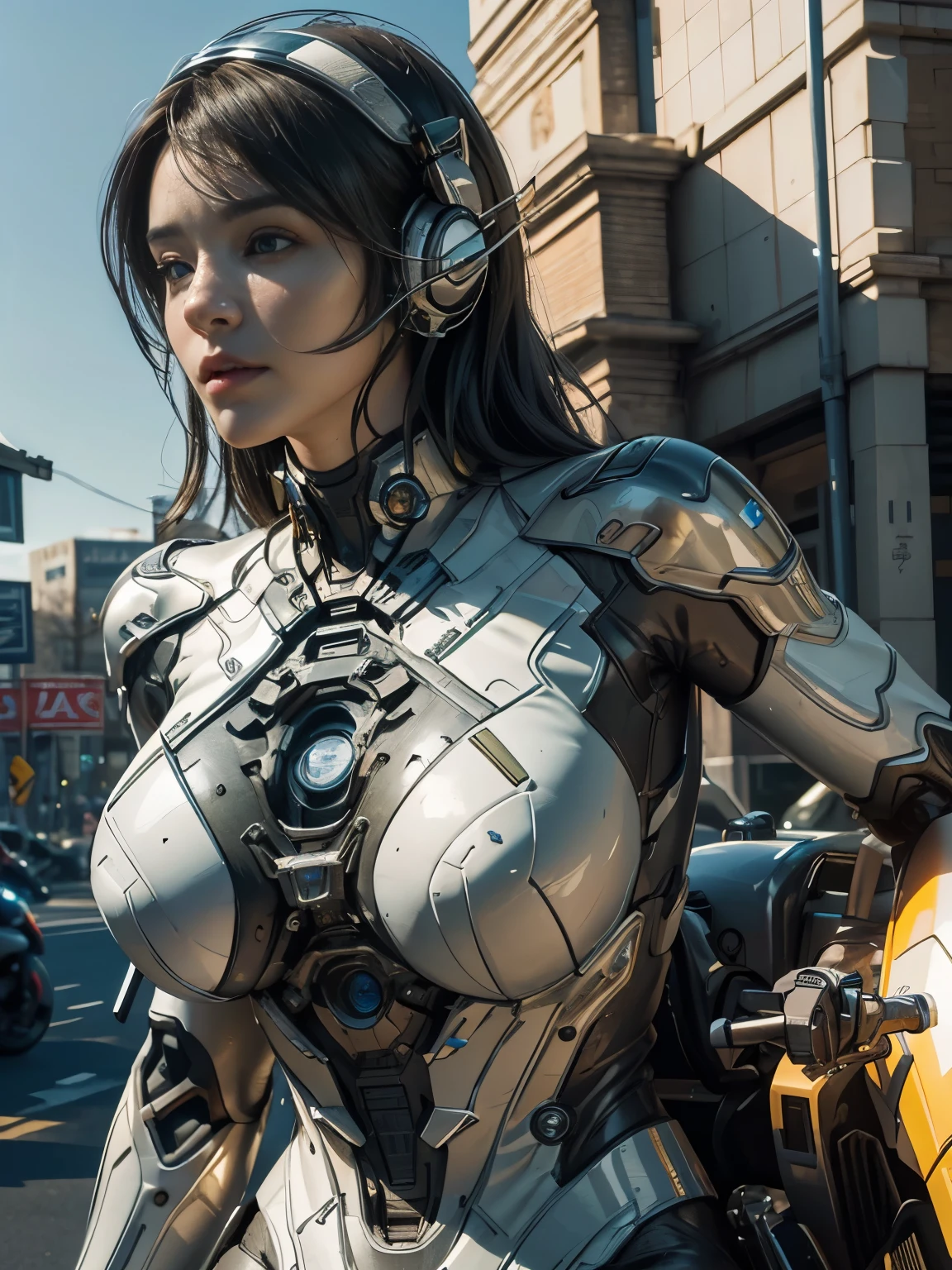 25 year old colossus style woman，(((A woman with a mechanized body))), Slime, dynamic posium: 1.3), (realistic:1.5), (realistic:1.4), 8k, Super detailed beautiful girl, 1 girl, (a sunny day:1.5), intricate body details, (short: 1.3), (highest quality: 1.0), (Super high sharpness: 1.0), (detailed hair:1.4),（Beautiful and delicate depiction of eyes）,(ride a motorcycle:1.4),unreal engine:1.4,photorealistic:1.4, skin texture:1.4, masterpiece:1.8,highest quality at best,(Wearing the communication headset、future city、white body