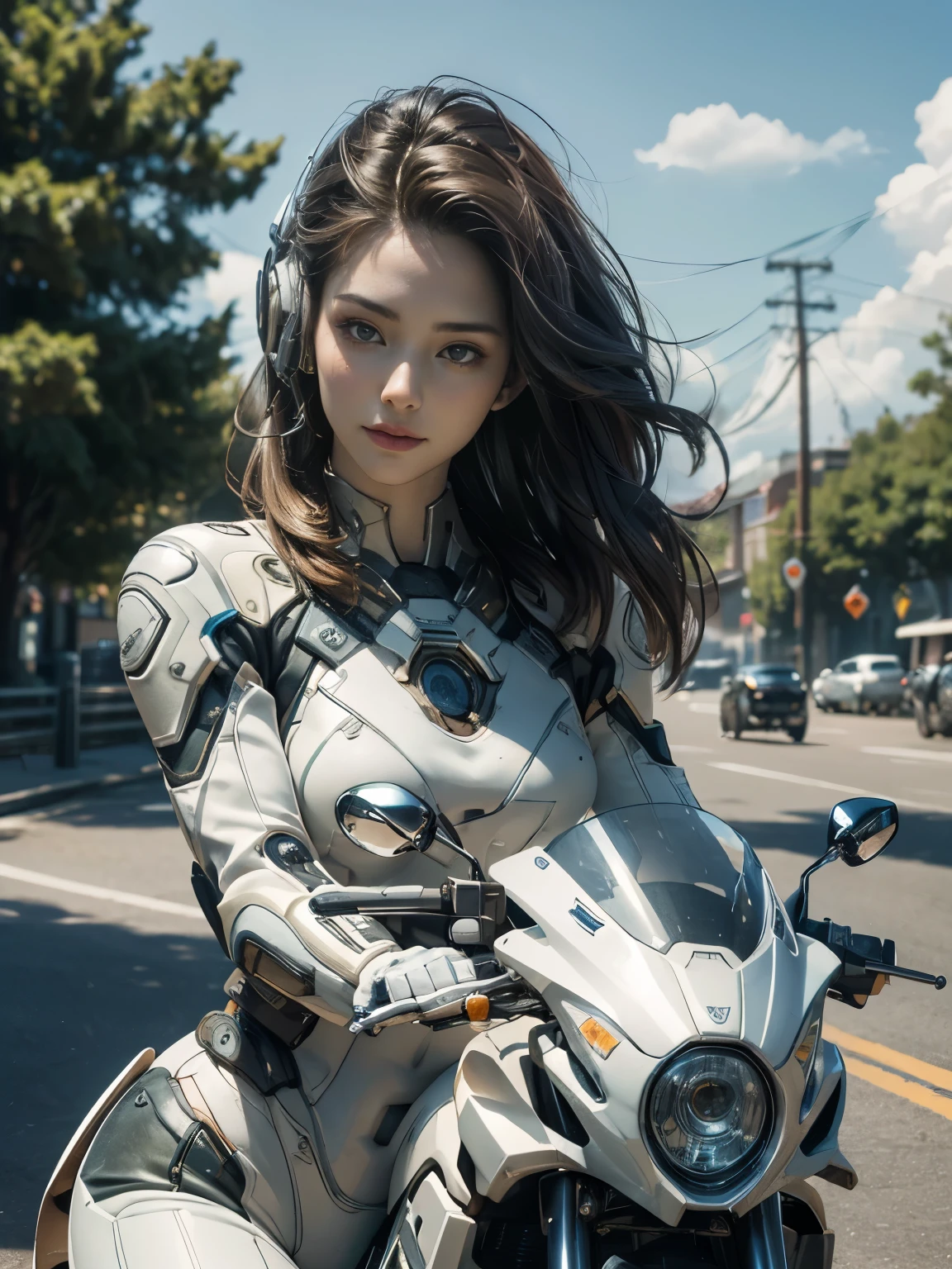 25 year old colossus style woman，(((A woman with a mechanized body))), Slime, dynamic posium: 1.3), (realistic:1.5), (realistic:1.4), 8k, Super detailed beautiful girl, 1 girl, (a sunny day:1.5), intricate body details, (short: 1.3), (highest quality: 1.0), (Super high sharpness: 1.0), (detailed hair:1.4),（Beautiful and delicate depiction of eyes）,(ride a motorcycle:1.4),unreal engine:1.4,photorealistic:1.4, skin texture:1.4, masterpiece:1.8,highest quality at best,(Wearing the communication headset、future city、white body