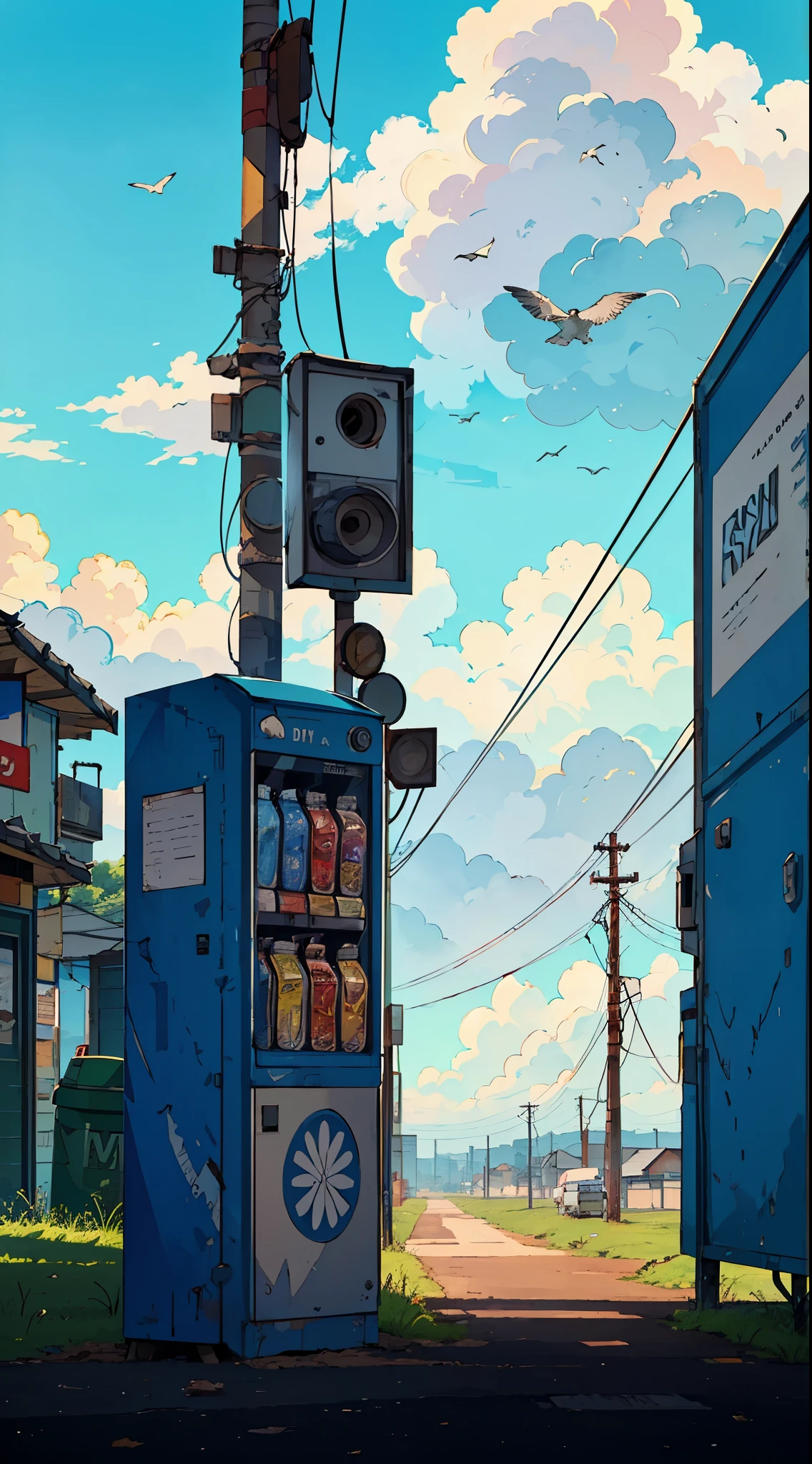 Distributeur automatique à distance en bordure de route avec poubelle, poteaux téléphoniques, ciel nuageux, des oiseaux, voitures en arrière-plan, prise de vue grand angle, très détaillé, Très aiguisé