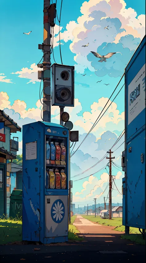 Vending machine at a distance on roadside with Dustbin, telephone poles, cloudy sky, birds, cars in background, wide angle shot,...