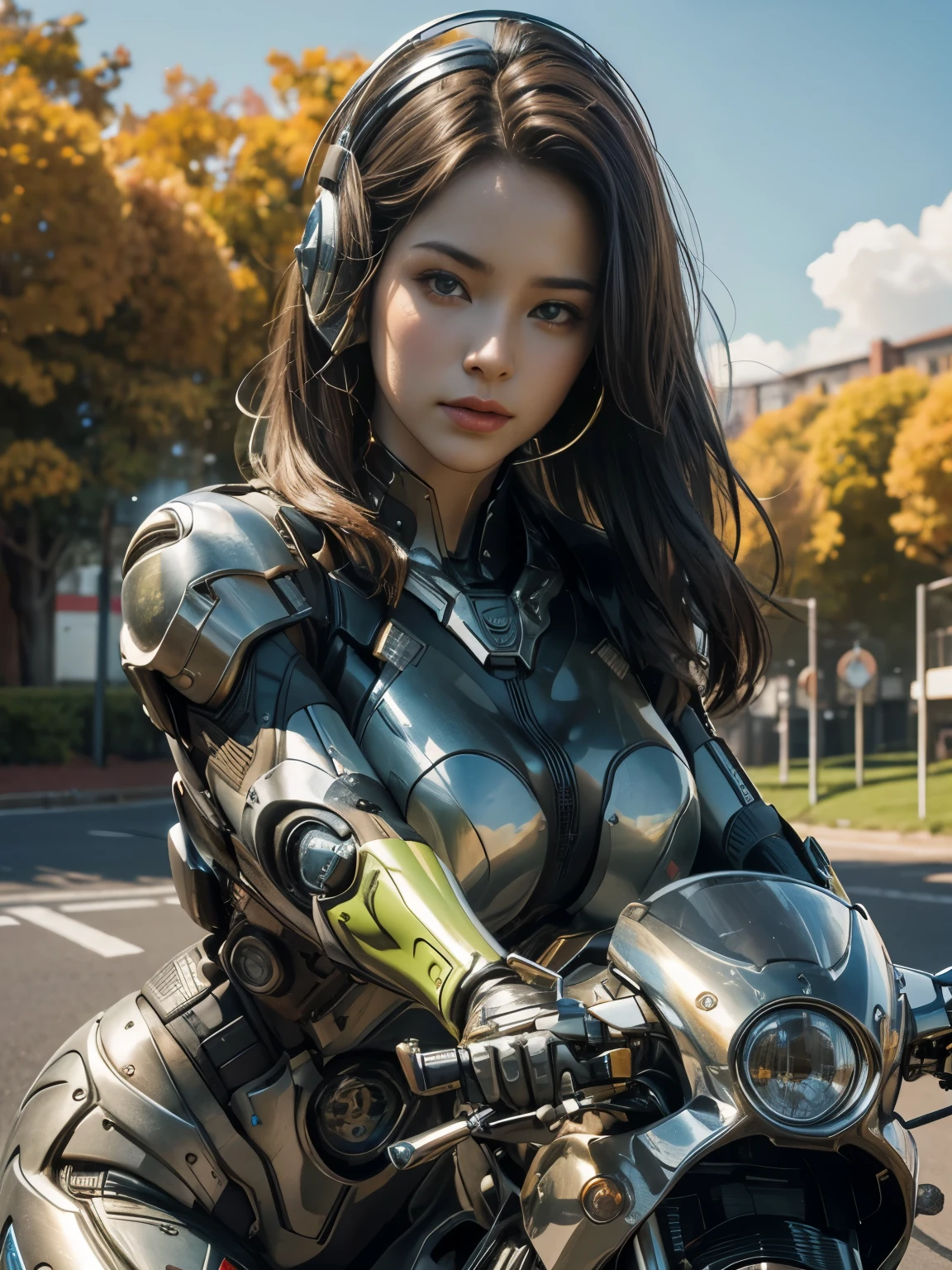 25 year old colossus style woman，(((A woman with a mechanized body))), Slime, dynamic posium: 1.3), (realistic:1.5), (realistic:1.4), 8k, Super detailed beautiful girl, 1 girl, (a sunny day:1.5), intricate body details, (short: 1.3), (highest quality: 1.0), (Super high sharpness: 1.0), (detailed hair:1.4),（Beautiful and delicate depiction of eyes）,(ride a motorcycle:1.4),unreal engine:1.4,photorealistic:1.4, skin texture:1.4, masterpiece:1.8,highest quality at best,(Wearing the communication headset、future city、red body