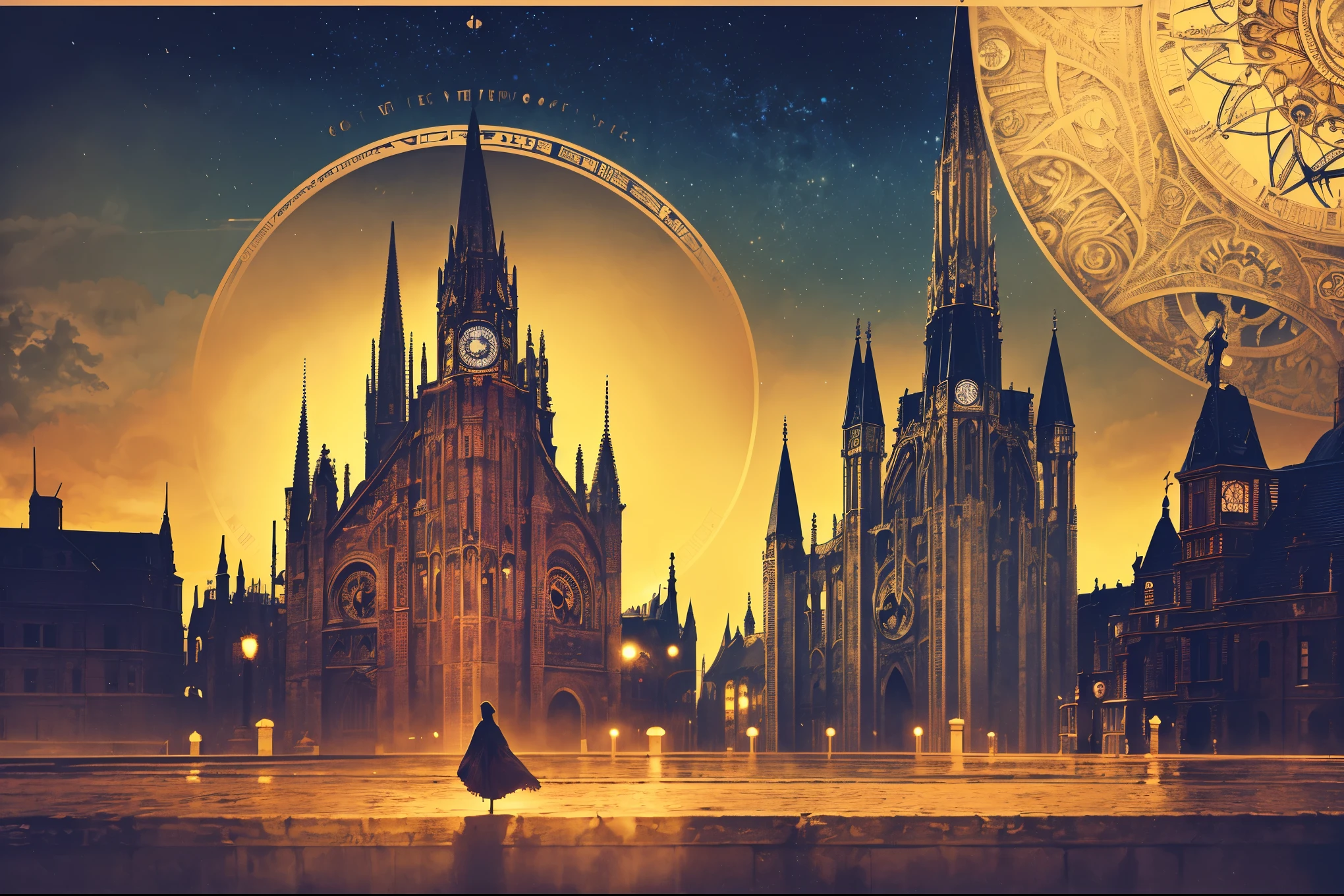 there is a picture of a clock tower in a city, art nouveau octane render, ethereal starlit city at sunset, baroque painting. star lit sky, victorian steampunk city vista, mystical baroque, beeple and alphonse mucha, symmetrical fantasy landscape, intricate ornate anime cgi style, golden steampunk city atmosphere, outdoors european cityscape, victorian city, surreal cityscape background, fractal art border