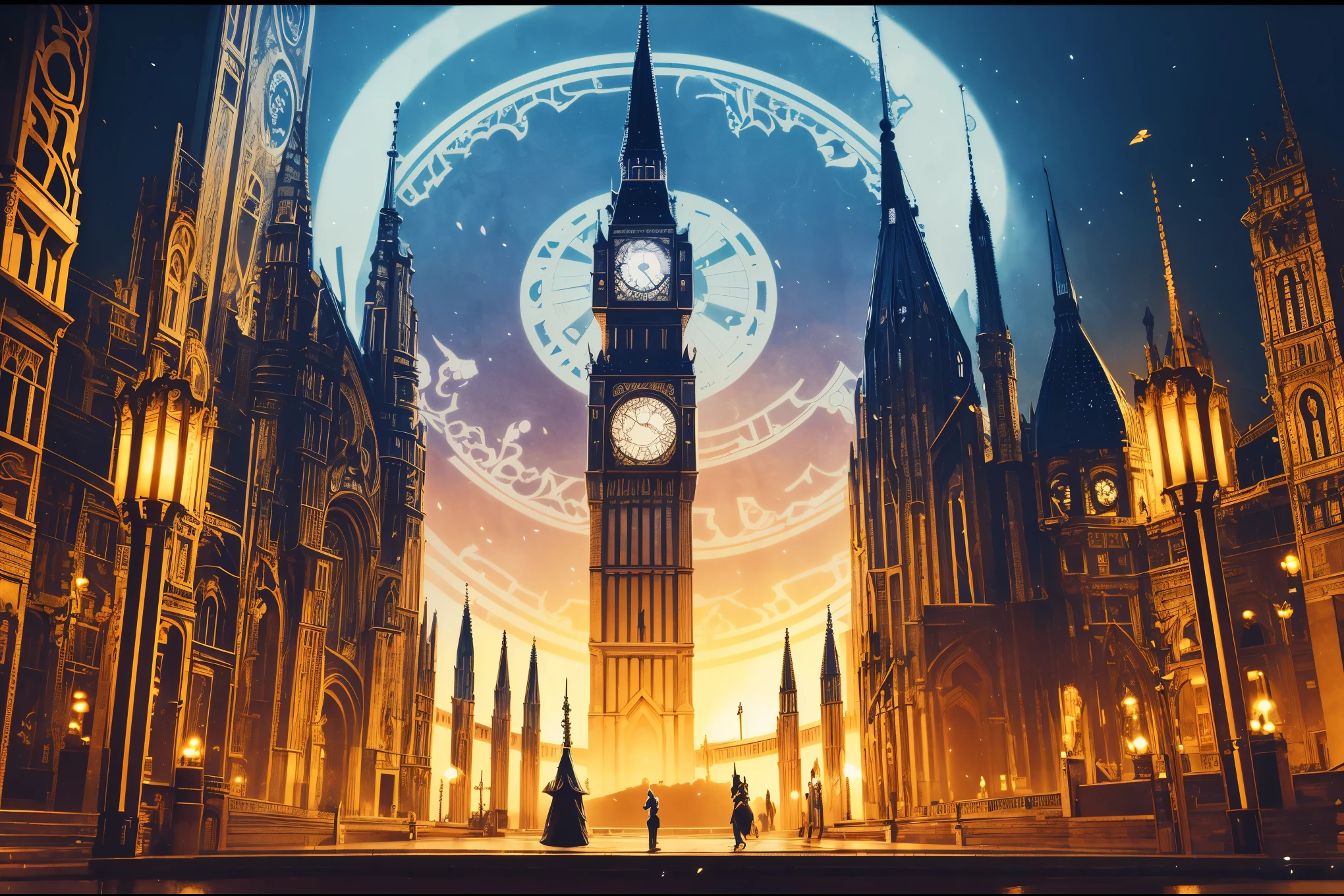 there is a picture of a clock tower in a city, art nouveau octane render, ethereal starlit city at sunset, baroque painting. star lit sky, victorian steampunk city vista, mystical baroque, beeple and alphonse mucha, symmetrical fantasy landscape, intricate ornate anime cgi style, golden steampunk city atmosphere, outdoors european cityscape, victorian city, surreal cityscape background, fractal art border