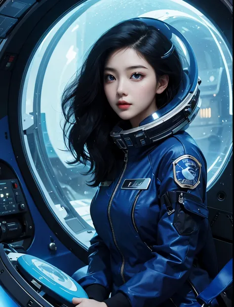 one beautiful woman。black hair。beautiful double eyes。bridge of nose。well-shaped lips。Blue spacesuit。She's in a spaceship。