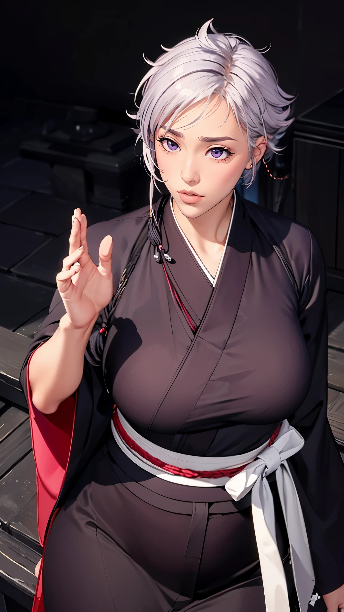 （（（完美chiffre，chiffre，manches longues, vêtements japonais, kimono, Haori, kimono noir, De même, black De même,（（（Isane Kotetsu, Cheveux courts, tresser, cheveux blancs, (yeux violets:1.1), hair tresser, ））），（（（Hanches larges））），S型chiffre:1.7））），((chef-d&#39;œuvre)),haute résolution, ((Best qualité at best))，chef-d&#39;œuvre，qualité，Best qualité，（（（ Des traits du visage exquis，En regardant le public,Il y a de la lumière dans les yeux，rougir，heureux））），（（（Entrelacs de lumière et d&#39;ombre，Énorme ））），（（（regarder la caméra，position de combat，Route fantôme，briller，d&#39;en haut，regarder en bas）））