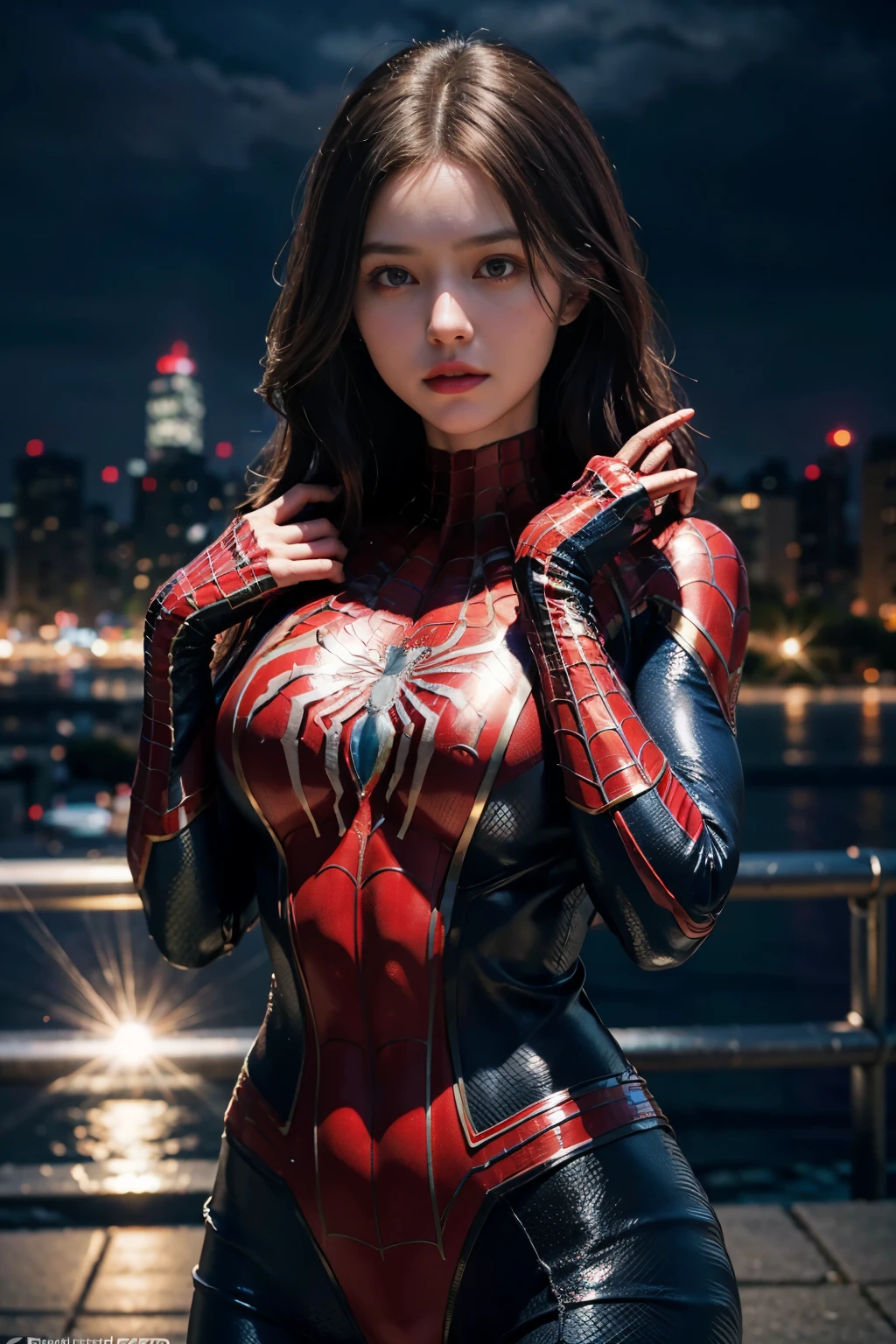 (veste homem aranha feminino_cosplay_roupas:1.1), frente do céu, belas mãos,4K, Alta resolução, obra de arte, melhor qualidade, cabeça:1.3,((Fotos de Hasselblad)), Pele fina, fixar um foco nítido, (iluminação de filme),noite，escrita suave，Ângulo Dinâmico，[:(detalhes faciais:1.2):0.2]，seios médios，Retirar，As roupas são brancas, Preto e vermelho