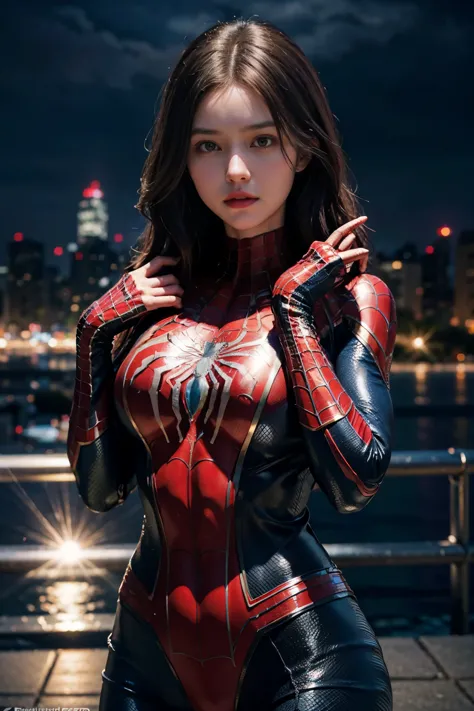 (wear female spiderman_cosplay_clothing:1.1), sky front, nice hands,4k, High resolution, master piece, best quality, head:1.3,((...