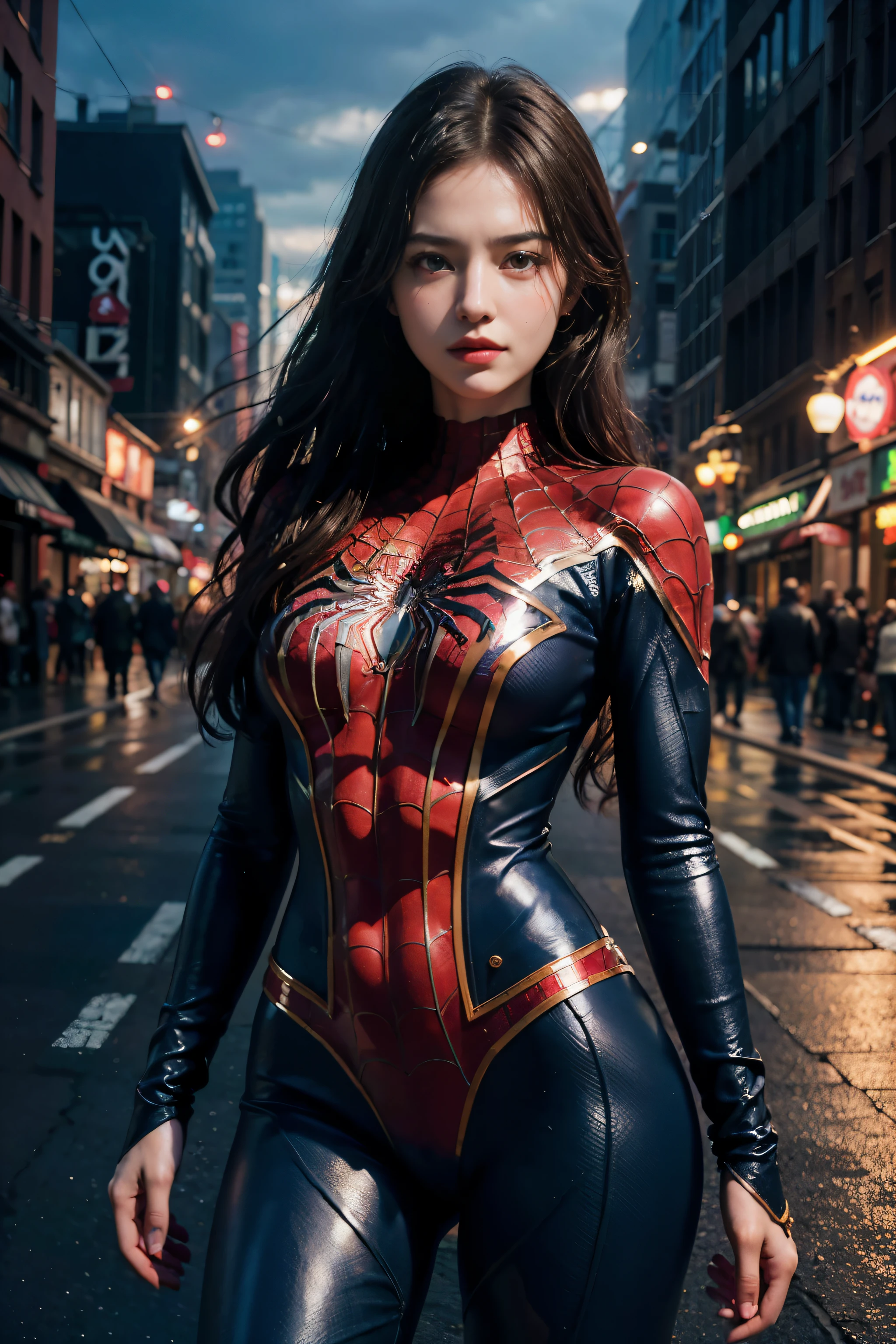 (wear female spiderman_cosplay_clothing:1.1), sky front, nice hands,4k, High resolution, masterpiece, highest quality, head:1.3,((Hasselblad Photos)), fine skin, fix sharp focus, (movie lighting),night，soft writing，dynamic angle，[:(facial details:1.2):0.2]，medium breasts，Take-out，clothes are white, black and red