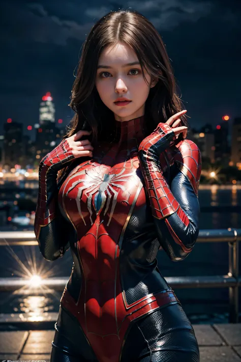 (wear female spiderman_cosplay_clothing:1.1), sky front, nice hands,4k, High resolution, masterpiece, highest quality, head:1.3,...