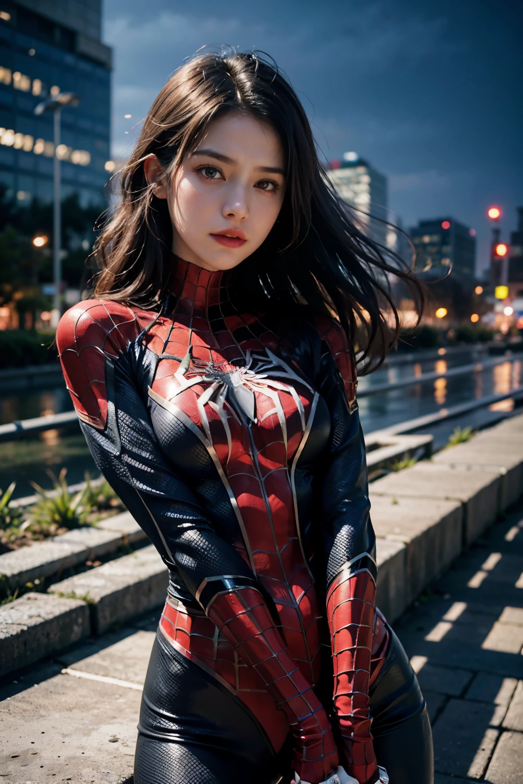 (wear female spiderman_cosplay_clothing:1.1), sky front, nice hands,4k, High resolution, master piece, best quality, head:1.3,((Hasselblad Photos)), fine skin, fix a sharp focus, (movie lighting),night，soft writing，dynamic angle，[:(facial details:1.2):0.2]，medium breasts，Take-out，clothes are white, black and red