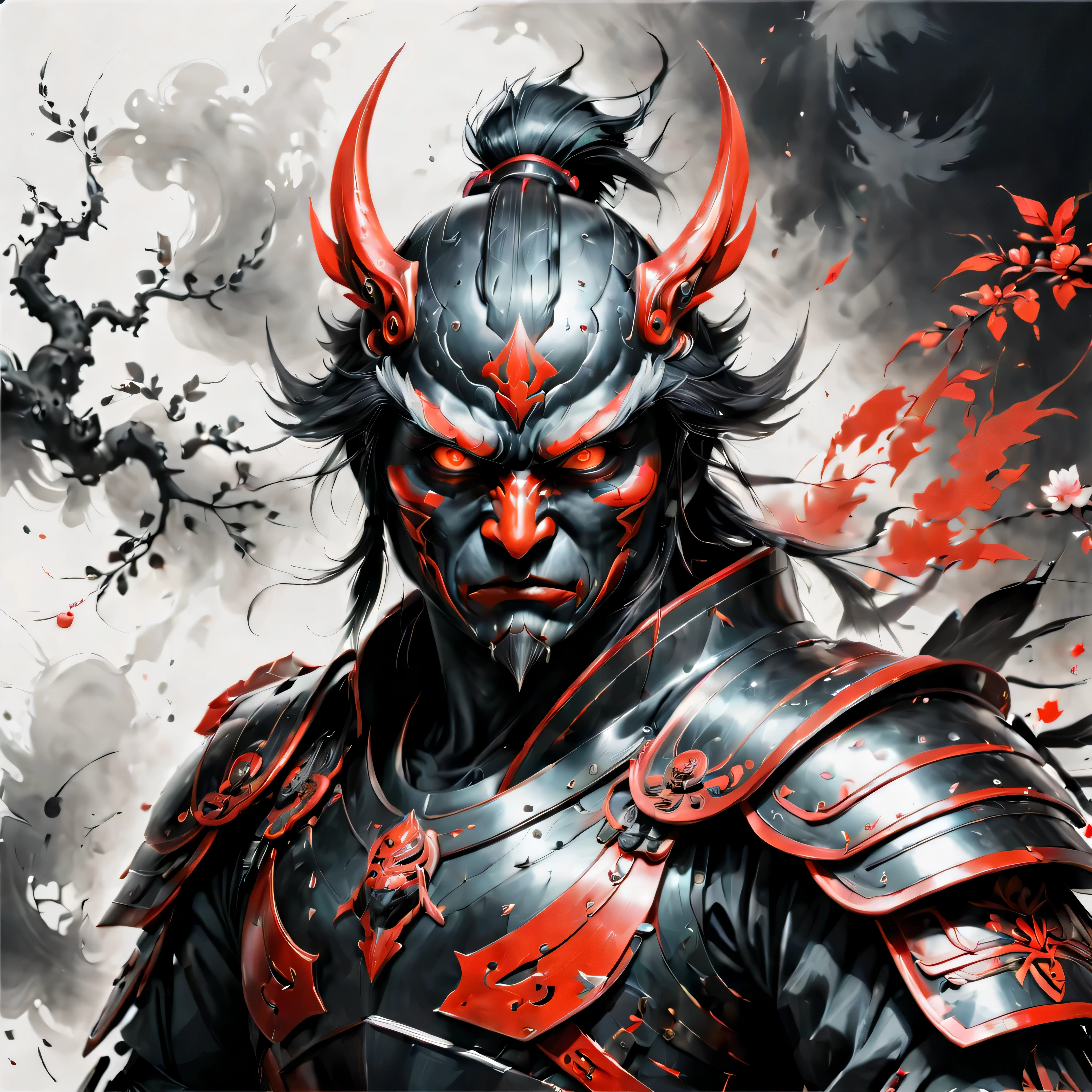 ((Cor seletiva)), Desenho de um Tengu em Robe Samurai com Olhos Vermelhos, linhas suaves, peça de arte, Expresse expressões e posturas através do contraste da tinta, enfatizar a luz, sombra e espaço. arte figurativa, (melhor qualidade, 4K, 8K, alta resolução,Obra de arte:1.2) ,(real, photoreal, photo-real:1.37). 