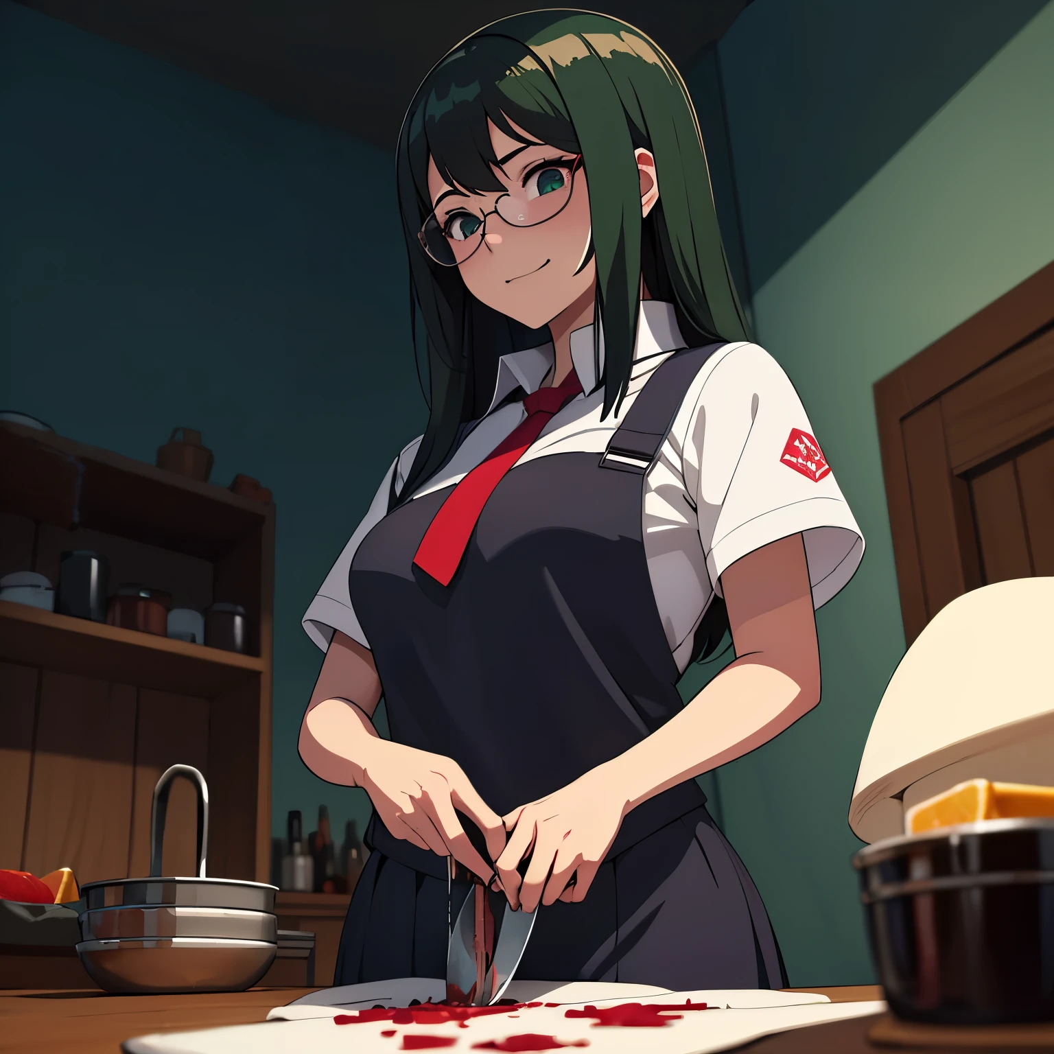 chef-d&#39;œuvre, haute résolution, illustration, estilo anime de una chica Yandere y psychopathe de cabello corto y verde oscuro sus ojos son verdes y usa lentes viste un uniforme de colegiala y esta en un sótano sonriendo de manera maníatica y macabra tiene la mirada trastornada y sostiene un cuchillo de cocina con su mano derecha y su Uniforme tiene manchas de color rojo, la terreur, psychopathe、sanglant、gouttelettes de sang