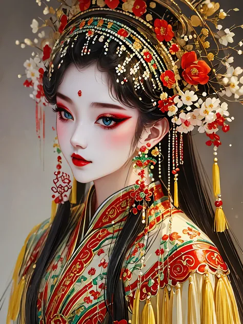 (masterpiece, best quality:1.2),1 girl,beautiful，portrait，chinese peking opera，gorgeous costumes，exquisite headdress，flower head...