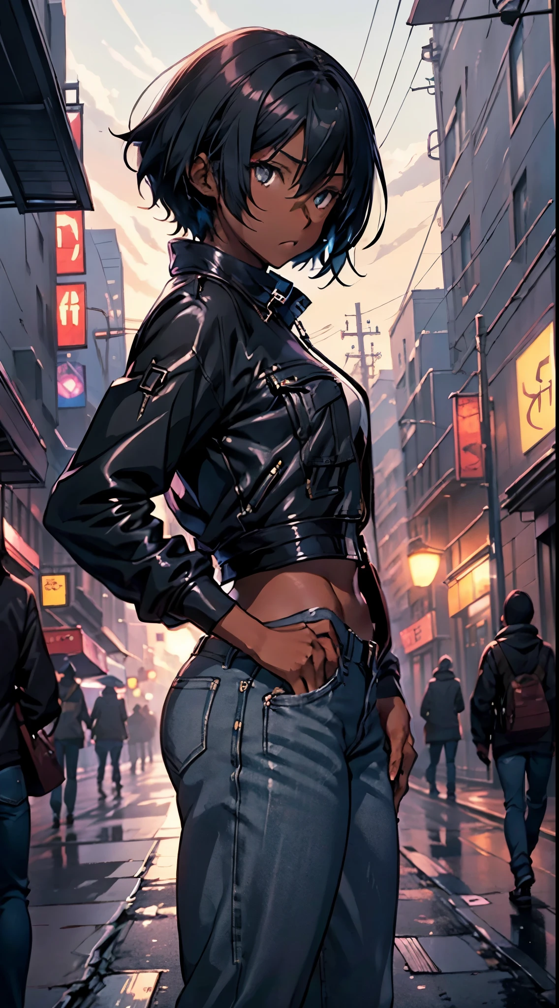 anime scene of a anime black girl standing, street at night, black hood, jeans, by makoto shinkai, by makoto shinkai, makoto shinkai and tom bagshaw, gloomy. by makoto shinkai, greg rutkowski makoto shinkai, rob rey and kentaro miura style, style of makoto shinkai, makoto sinkai