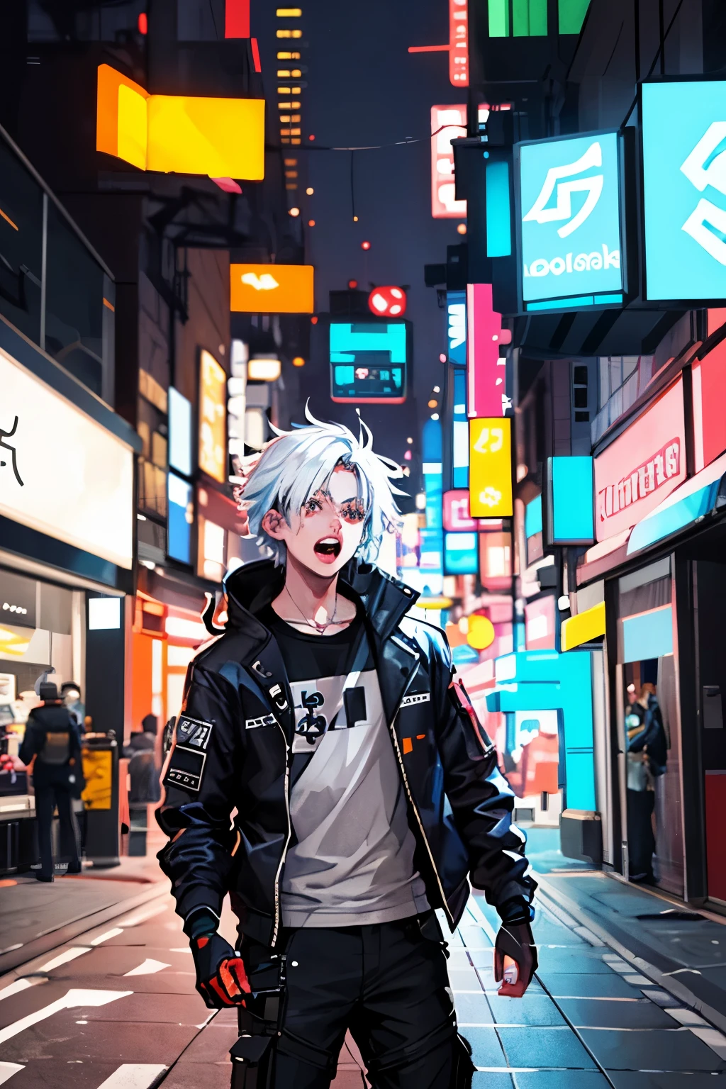 high quality, chromatic lighting
colorized, white limited color palette, 
detailed concept drawing,
Shibuya street guy, cyberpunk, futuristic,
portrait, 20yo 1guy, jacket, combat-pants, short white hair, yelling