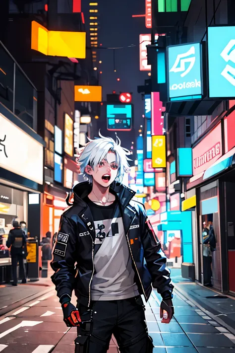 high quality, chromatic lighting
colorized, white limited color palette, 
detailed concept drawing,
Shibuya street guy, cyberpun...