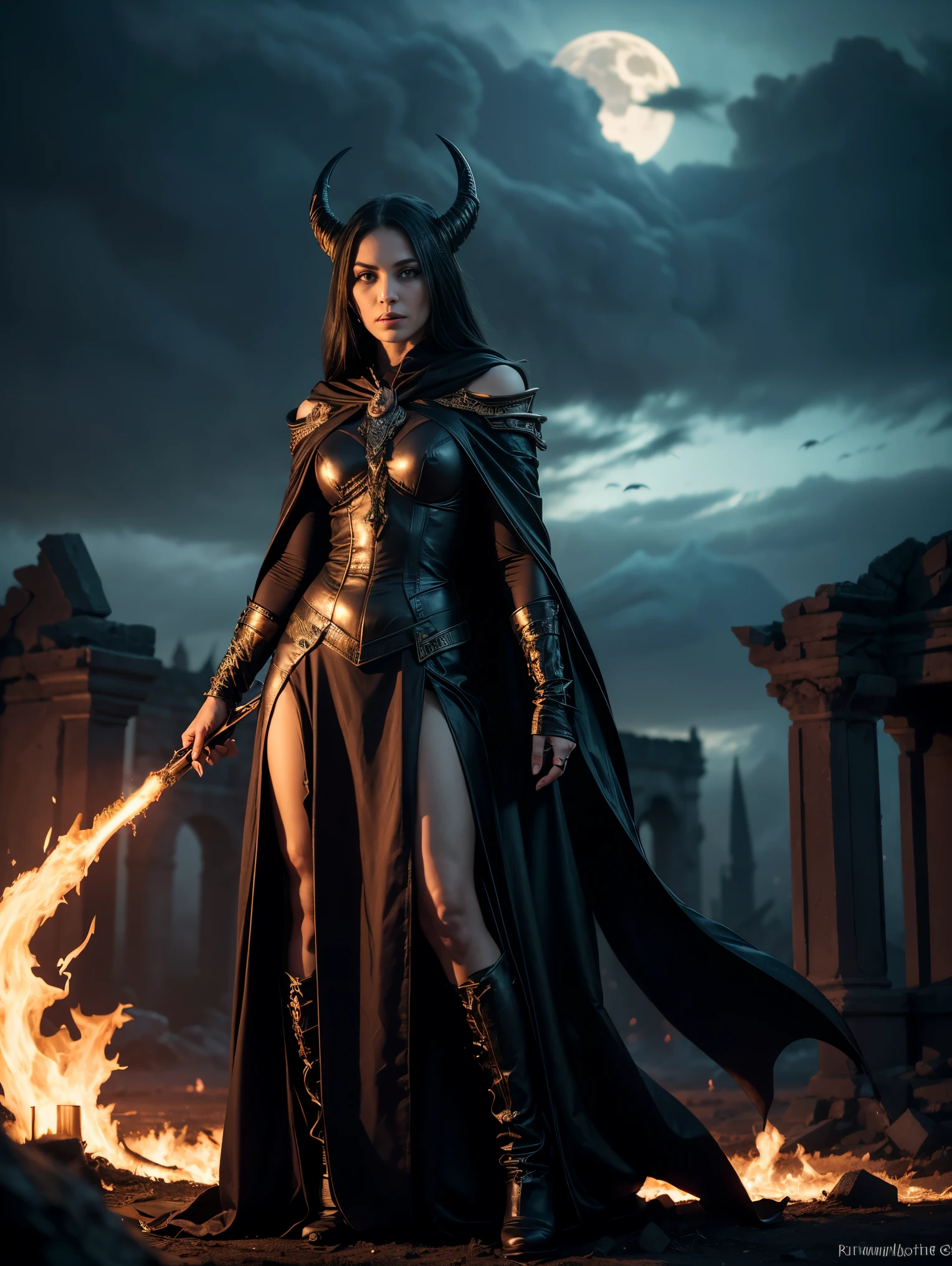 Full body shot of An immortal witch, watching with amusement as the world is destroyed by fire.
(best quality,4k,8k,highres,masterpiece:1.2),ultra-detailed,(realistic,photorealistic,photo-realistic:1.37),dark fantasy,haunting,spellbinding,fire,catastrophe,burning landscape,ominous atmosphere,ravaged cities,dark clouds,enigmatic sorceress,demonic powers,eyes glowing with supernatural energy,flickering flames,dark cloak billowing in the wind,sinister shadows,ancient ruins,ominous ruins,wicked smile,magical aura,burning embers swirling in the air,devastation,apocalypse,chaos,unstoppable force,curse,eternal beauty,flickering candlelight,ominous prophecies,cackling laughter,mythical creatures,serpent-like dragons,crumbling buildings,ominous moonlit sky,ominous glow,powerful incantations.