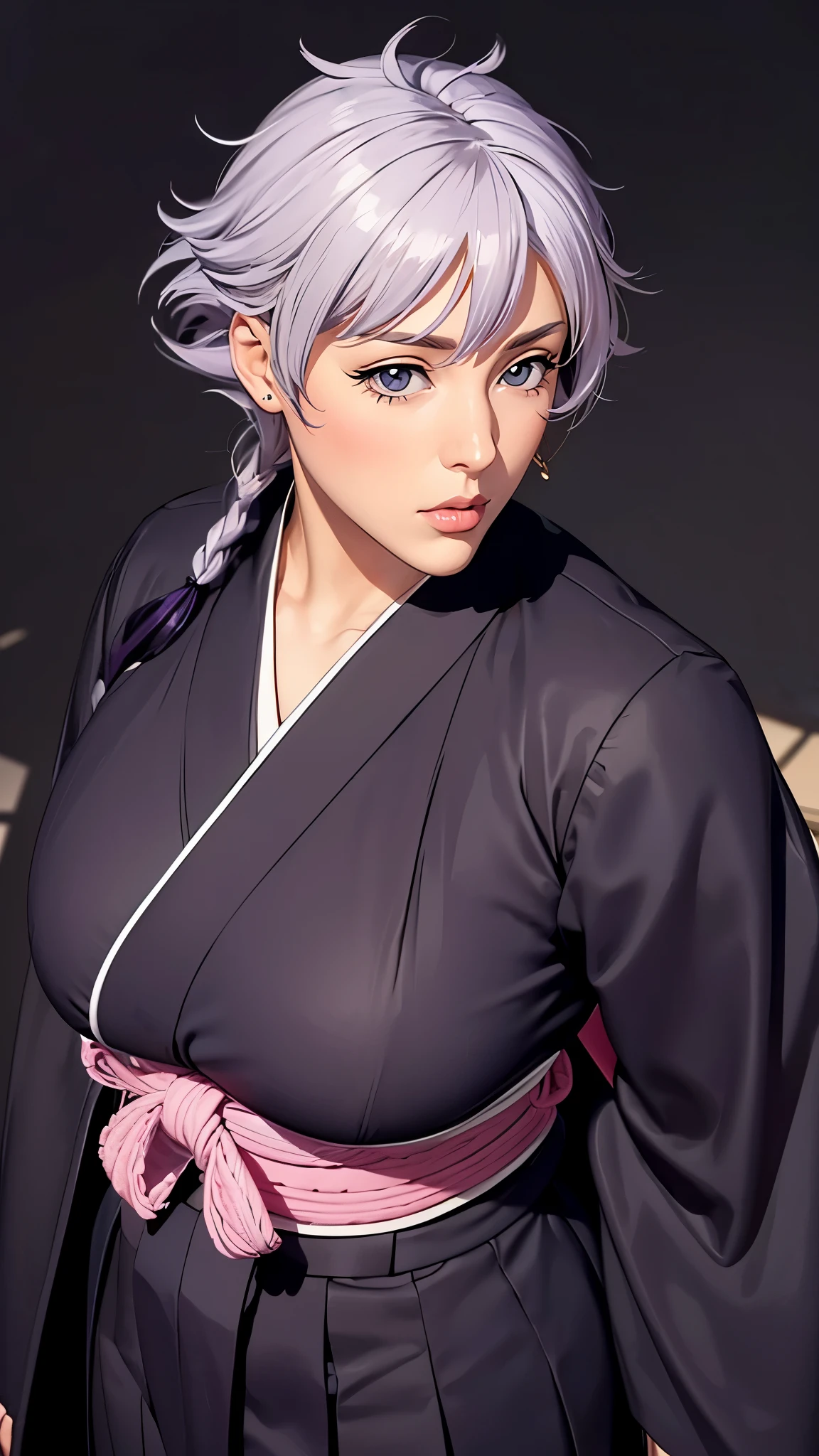 （（（Perfect figure，figure，long sleeves, japanese clothes, kimono, haori, black kimono, hakama, black hakama,（（（isane kotetsu, short hair, braid, white hair, (purple eyes:1.1), hair braid, ））），（（（wide hips））），S-shaped figure:1.7））），((masterpiece)),high resolution, ((Best quality at best))，masterpiece，quality，Best quality，（（（ Exquisite facial features，looking at the audience,There is light in the eyes，blush，Happy））），（（（Interlacing of light and shadow，huge ））），（（（looking into camera，fighting stance，Ghost Road，glow，from above，looking down）））