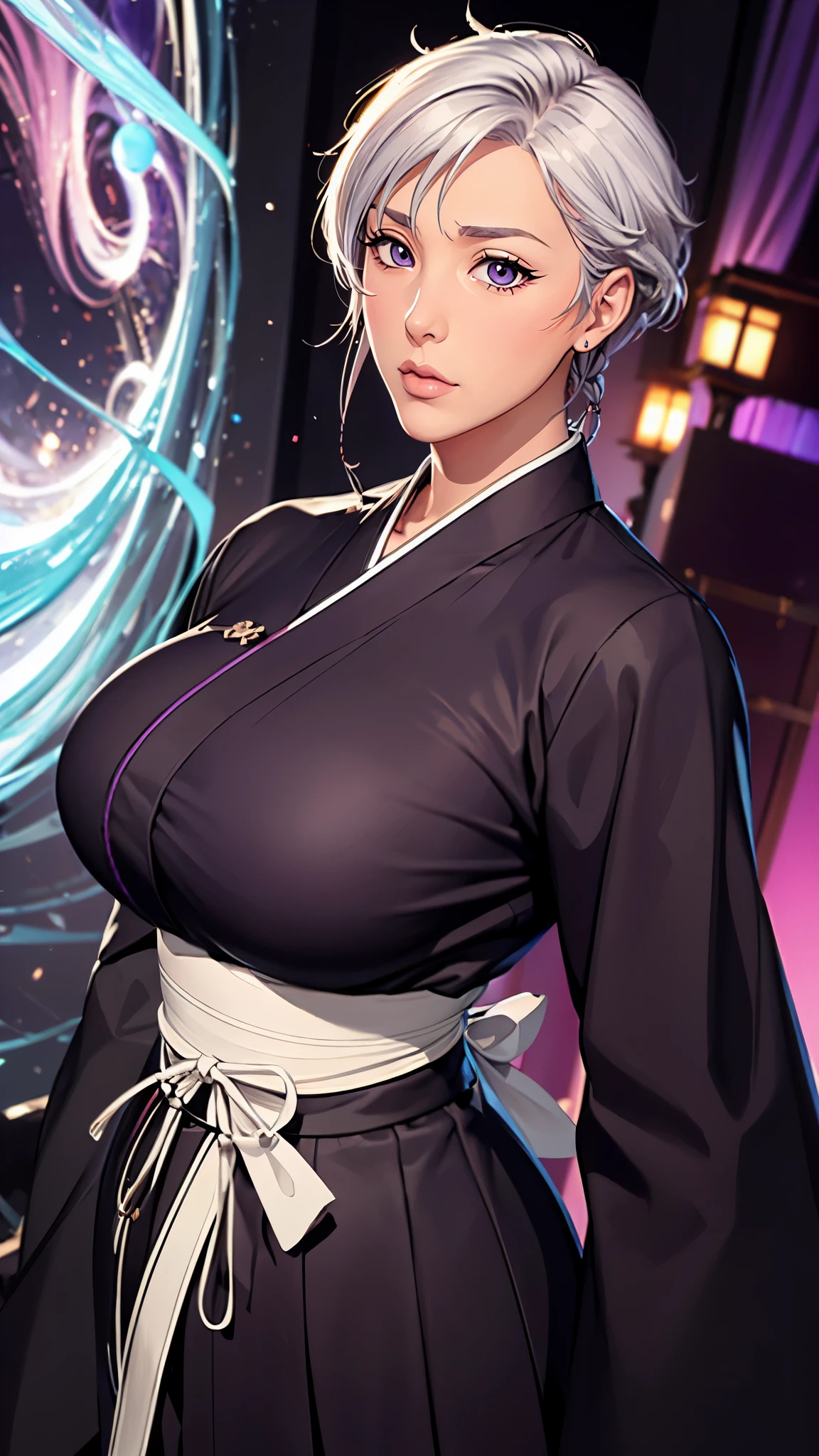 （（（Perfect figure，figure，long sleeves, japanese clothes, kimono, haori, black kimono, hakama, black hakama,（（（isane kotetsu, short hair, braid, white hair, (purple eyes:1.1), hair braid, ））），（（（wide hips））），S-shaped figure:1.7））），((masterpiece)),high resolution, ((Best quality at best))，masterpiece，quality，Best quality，（（（ Exquisite facial features，looking at the audience,There is light in the eyes，blush，Happy））），（（（Interlacing of light and shadow，huge ））），（（（looking into camera，fighting stance，Ghost Road，glow，from below，look up）））