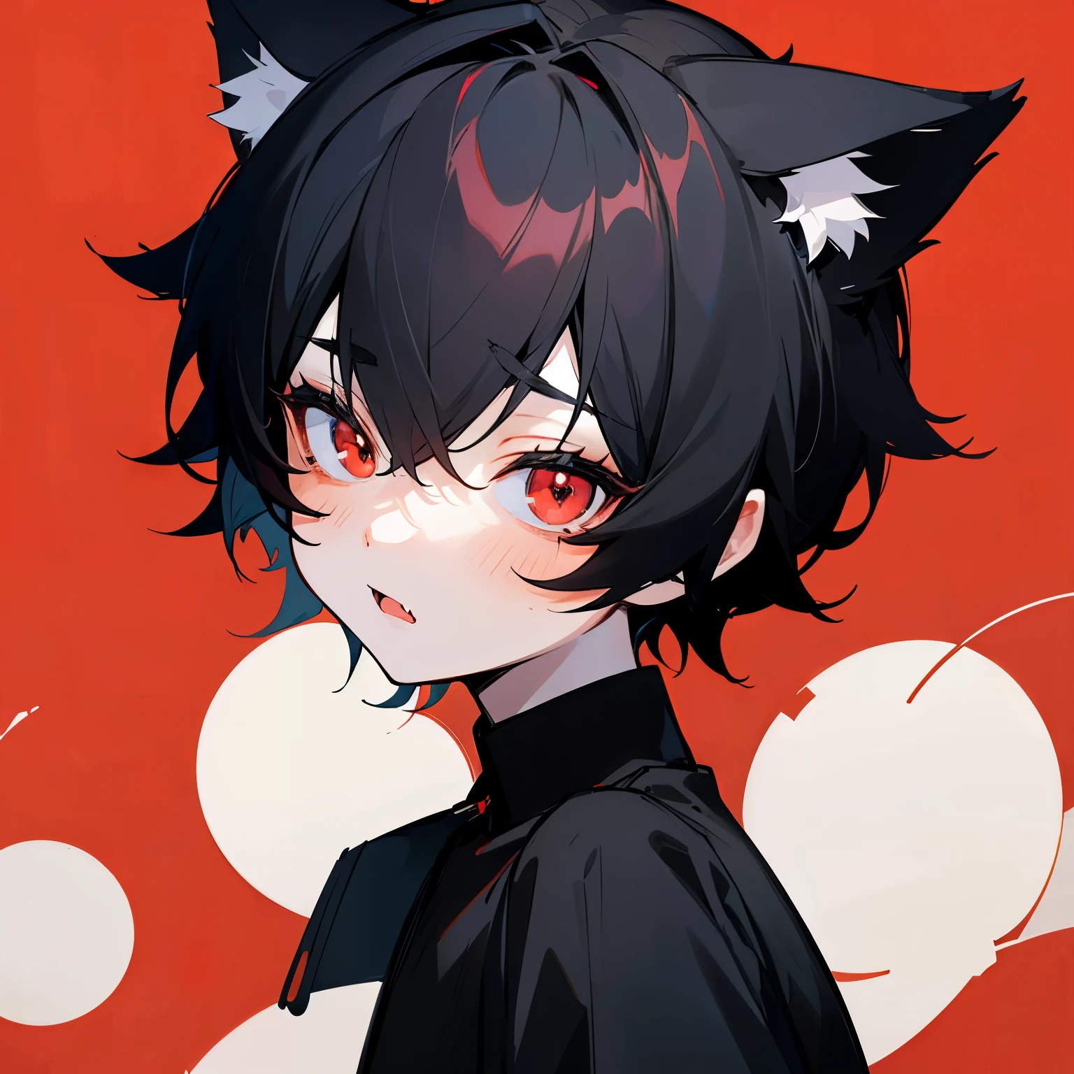 bust_portrait, catboy, cat ears, black hair, red eyes, fang, simple black shirt, pale skin, cute adorable, little boy, , shota, toddler, cute, innocent,
