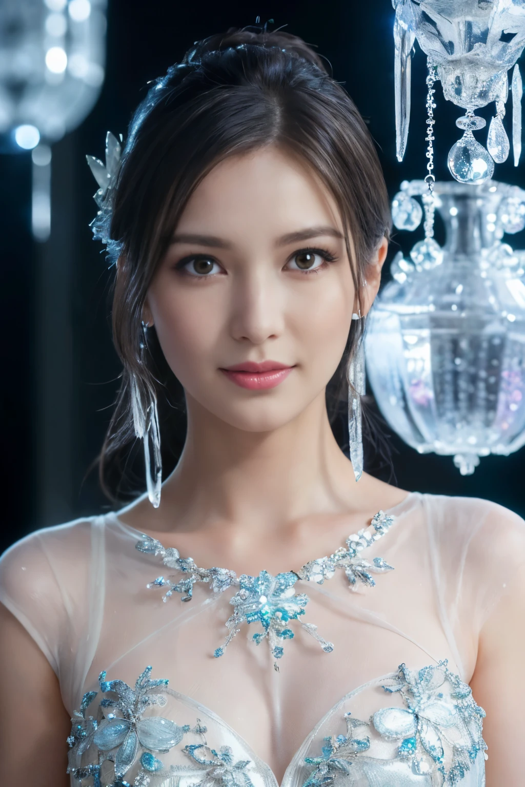 ((table top:1.4, highest quality)), (realistic pictures:1.4), 
((1 girl)), 
(超High resolution:1.2), very delicate and beautiful, wonderful, 
Highly detailed CG Unity 8k wallpaper, Super detailed, High resolution, soft light, 
beautiful detailed girl, highly detailed eyes and face, beautifully detailed nose, beautiful and detailed eyes, 
(wearing a dressed up costume:1.4),
cinematic lighting, perfect anatomy, slender body, thin chest,
(ice castle guest room, Ice Room, ice furniture, ice chandelier, lit up in the dark:1.3), (A fantastic world of ice and light, transparency of ice, The aesthetics of light refracting through ice:1.3), (A world of inorganic beauty where everything is covered in icicles and frozen.:1.3), Beautiful,
cowboy shot, looking at the viewer, smile
