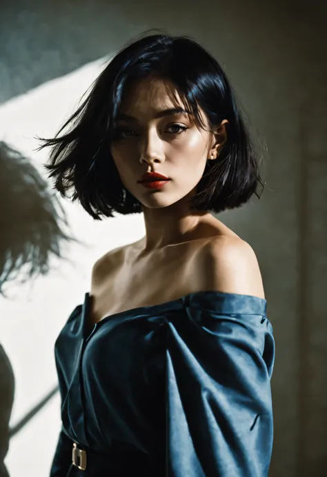 1girl , dirty, off shoulder, oversized pants sexy
bob cut, 
shadow dramatic lighting detailed skin
(lofi, analog, film grains)
(...