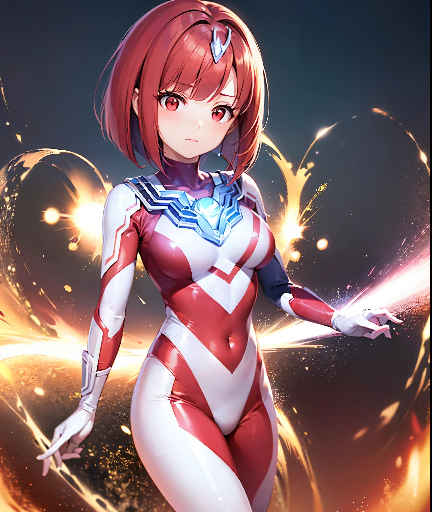 Close-up,highest quality, ultra detail, High quality CG drawing, The most delicate and beautiful, Floating gently, High resolution, (1 girl), (Highest image quality,4K,8K,masterpiece:1.2),(bright red hair:1.5),(short bob:1.5),bangs bangs,(red eyes:1.5), (ultra girl :1.0), (silver and red ultraman bodysuit:1.4),slightly bigger breasts