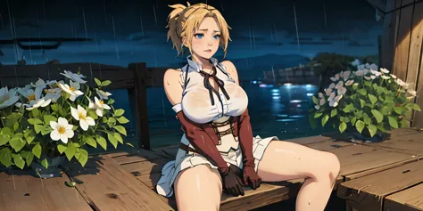 (blonde hair:1.4), blue eyes, low ponytail, (plump:1.2), 1girl, flower, breasts, gloves, large_breasts,  solo, sitting, black_gloves, wet, blush, sleeveless, thigh_strap, between_legs, wet_clothes, see-through, looking_at_viewer, hand_between_legs, bare_sh...