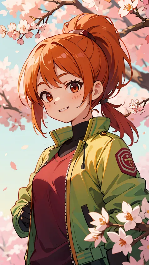 (highest quality、Extra fine、real)、Genki Girl、anime high school girl、small breasts、riders jacket、orange hair、ponytail、red round e...