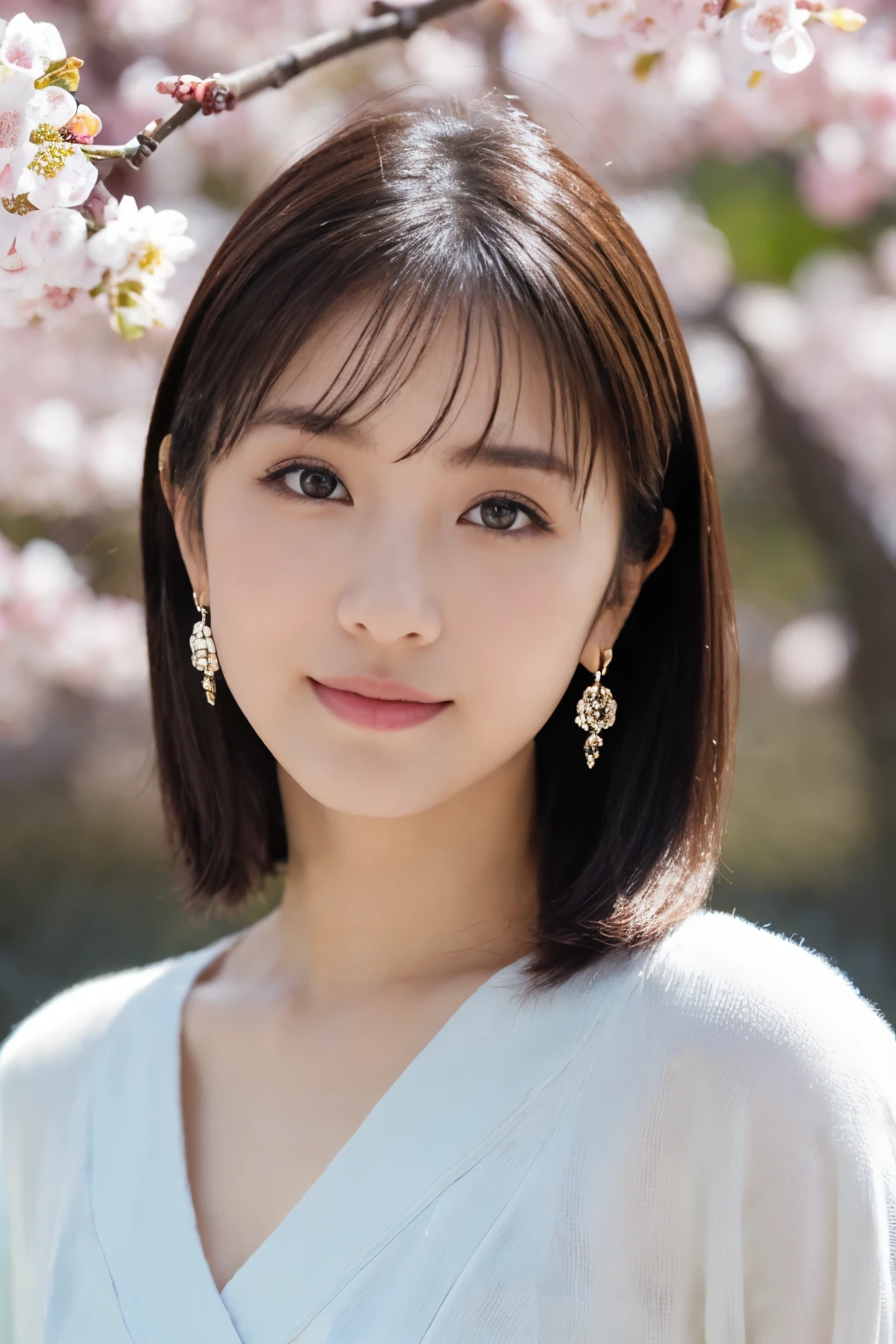 1 girl, (Spring outfit in pastel colors:1.2), beautiful japanese actress, 
looks great in the photo, Yukihime, long eyelashes, snowflake earrings,
(RAW photo, highest quality), (realistic, Photoreal:1.4), (table top), 
beautiful and detailed eyes, thick and beautiful lips, highly detailed eyes and face, 
BREAK
(A girl admiring plum blossoms:1.3), 
(Plum blossom), (blue sky),
dramatic lighting, great atmosphere, 
BREAK 
Perfect Anatomy, slender body, small, short hair, parted bangs, angel smile, 
Crystal Skin, clear eyes, Strobe photography, catch light