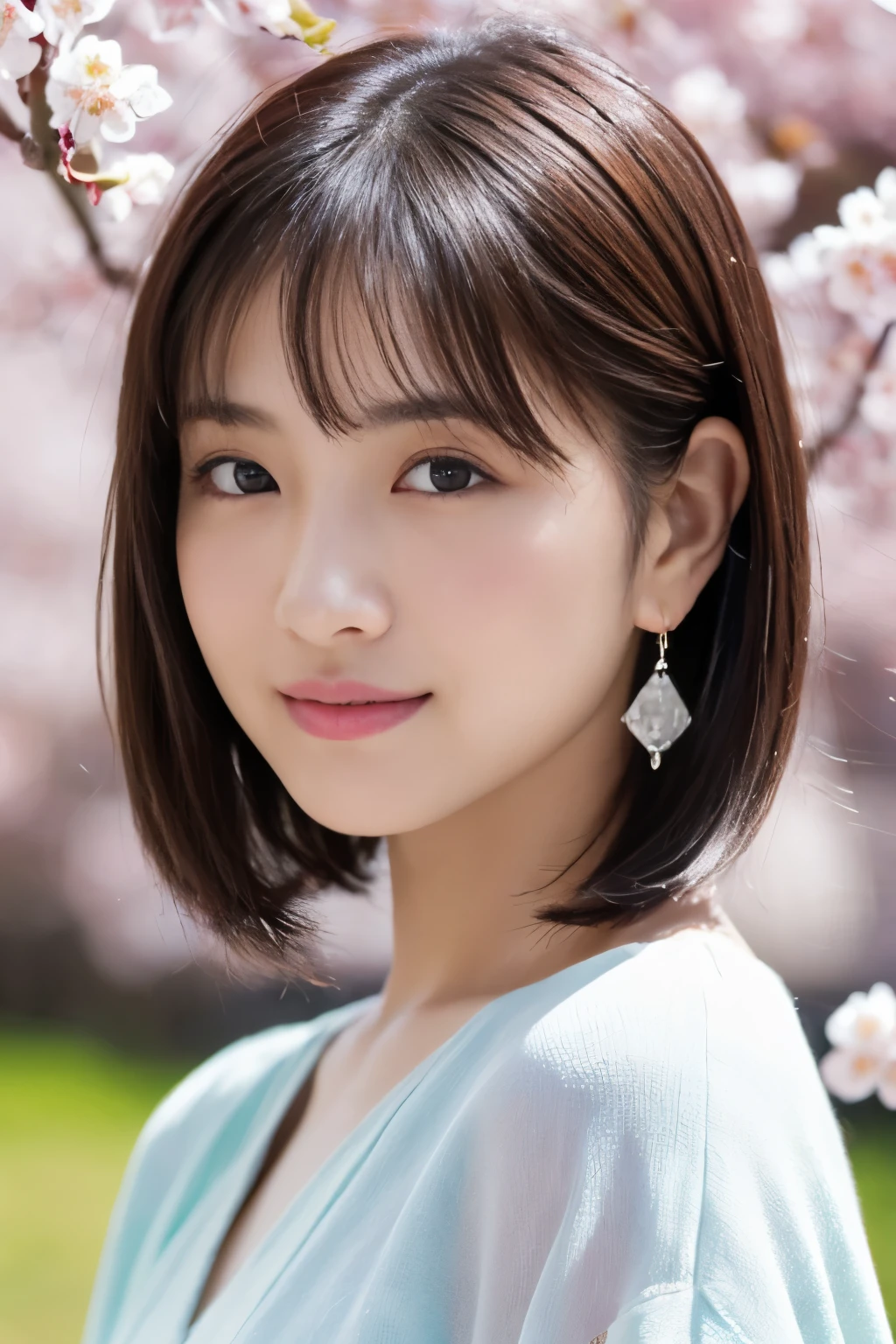 1 girl, (Spring outfit in pastel colors:1.2), beautiful japanese actress, 
looks great in the photo, Yukihime, long eyelashes, snowflake earrings,
(RAW photo, highest quality), (realistic, Photoreal:1.4), (table top), 
beautiful and detailed eyes, thick and beautiful lips, highly detailed eyes and face, 
BREAK
(A girl admiring plum blossoms:1.3), 
(Plum blossom), (blue sky),
dramatic lighting, great atmosphere, 
BREAK 
Perfect Anatomy, slender body, small, short hair, parted bangs, angel smile, 
Crystal Skin, clear eyes, Strobe photography, catch light