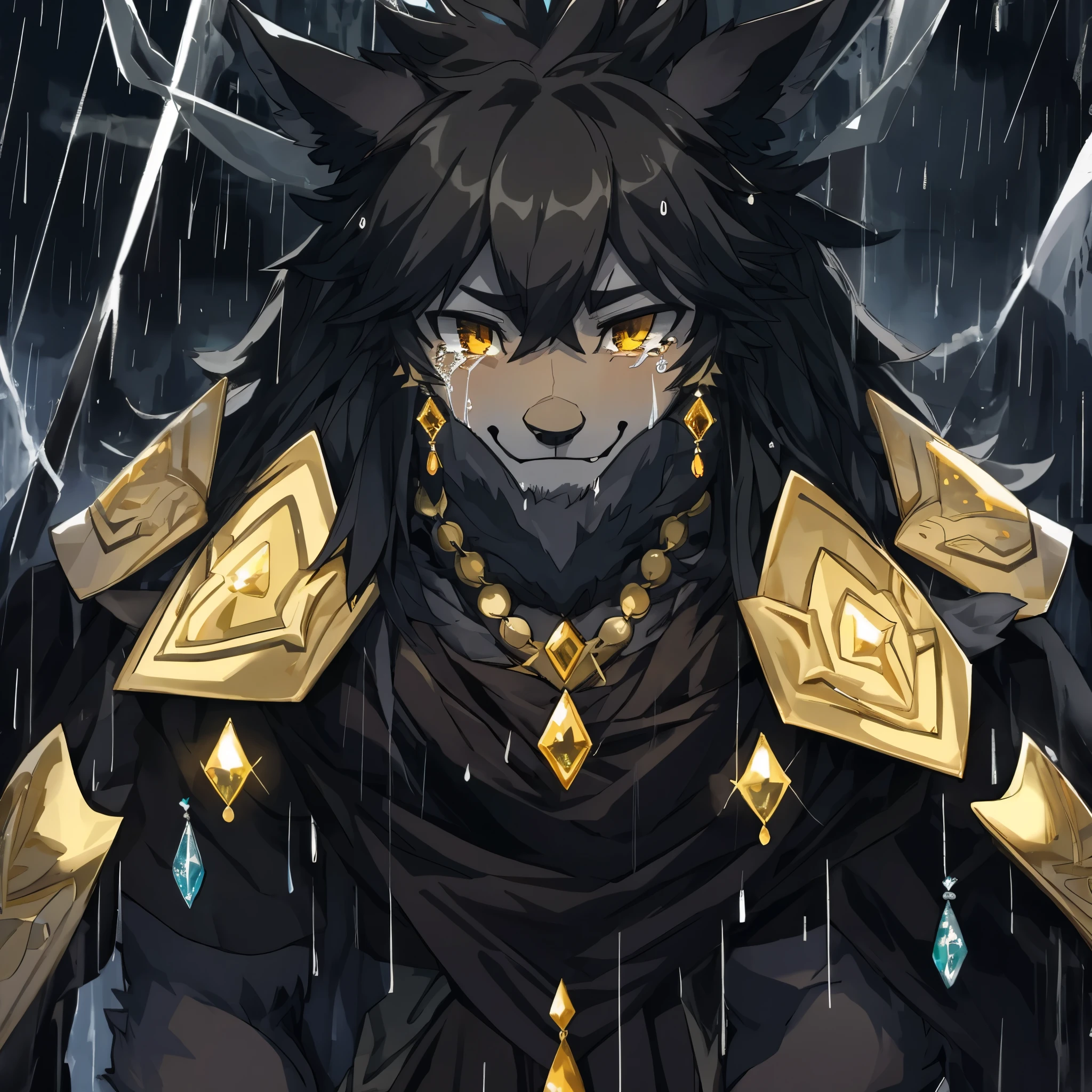 Anime character with golden armor and golden eyes in the rain - SeaArt AI