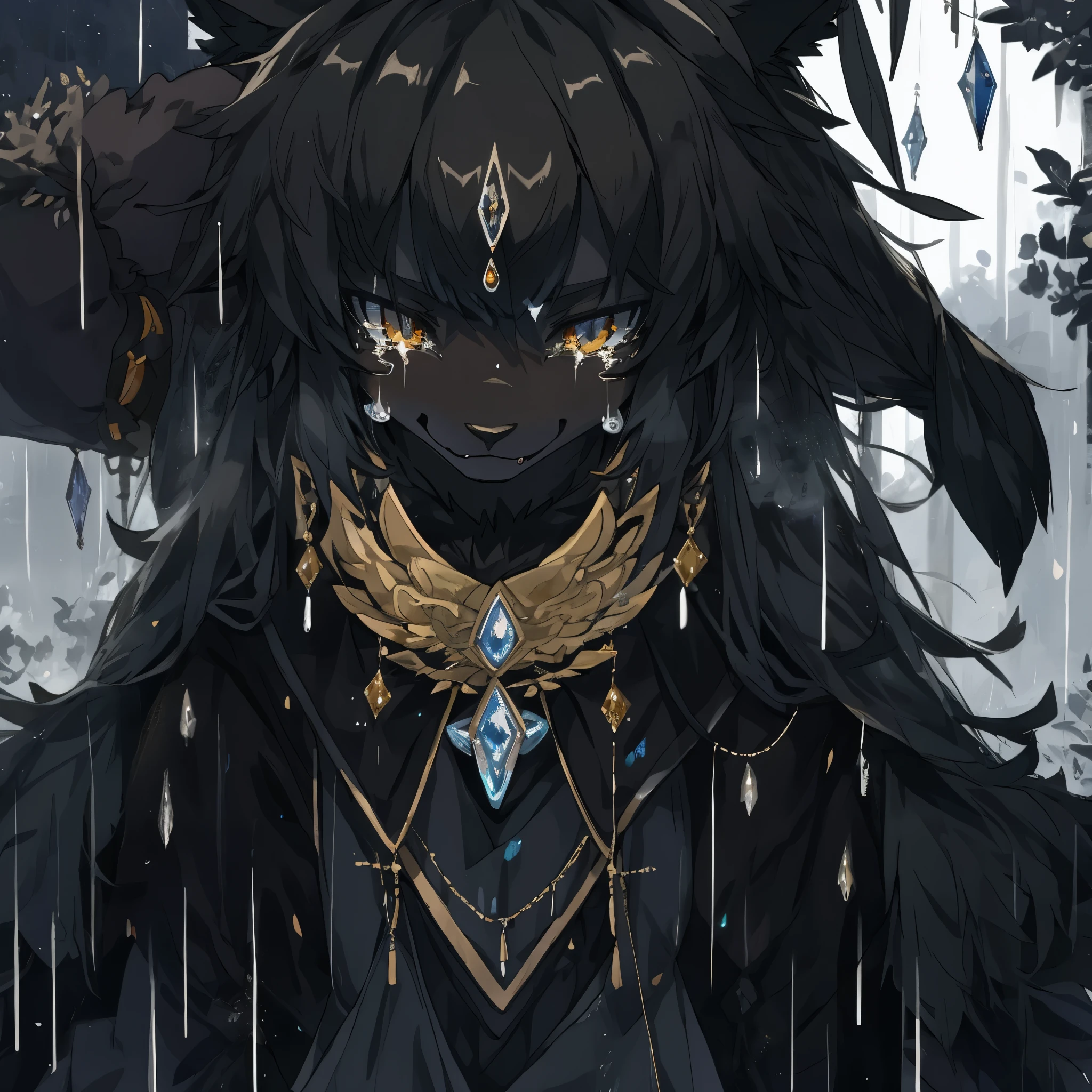 Anime girl with long black hair and gold collar and necklace - SeaArt AI