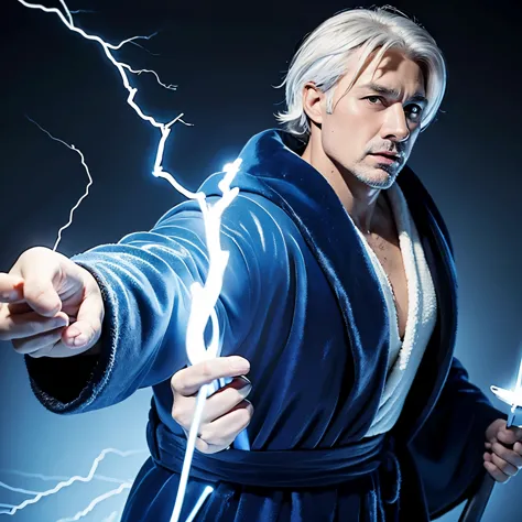 white-haired middle-aged man，Holding lightning in hand, blue robe, Strong